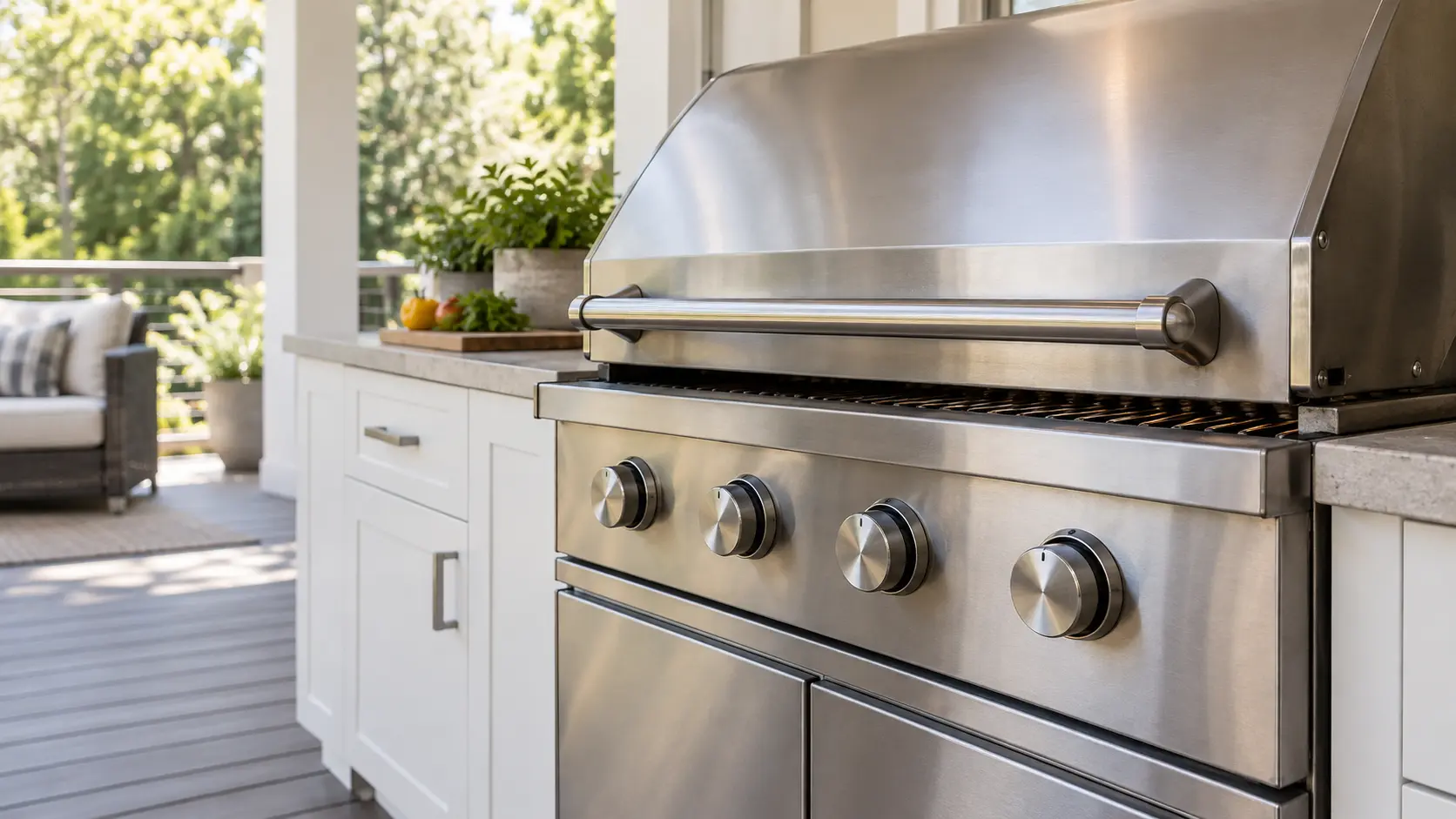 A covered patio with a built-in grill and white shaker cabinets, seen close at the grill's knobs.
