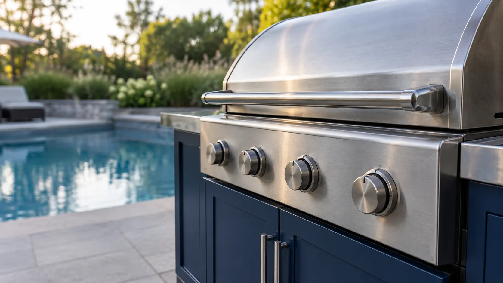 A pool deck with a cart grill and navy painted cabinets, seen close at the grill's knobs.