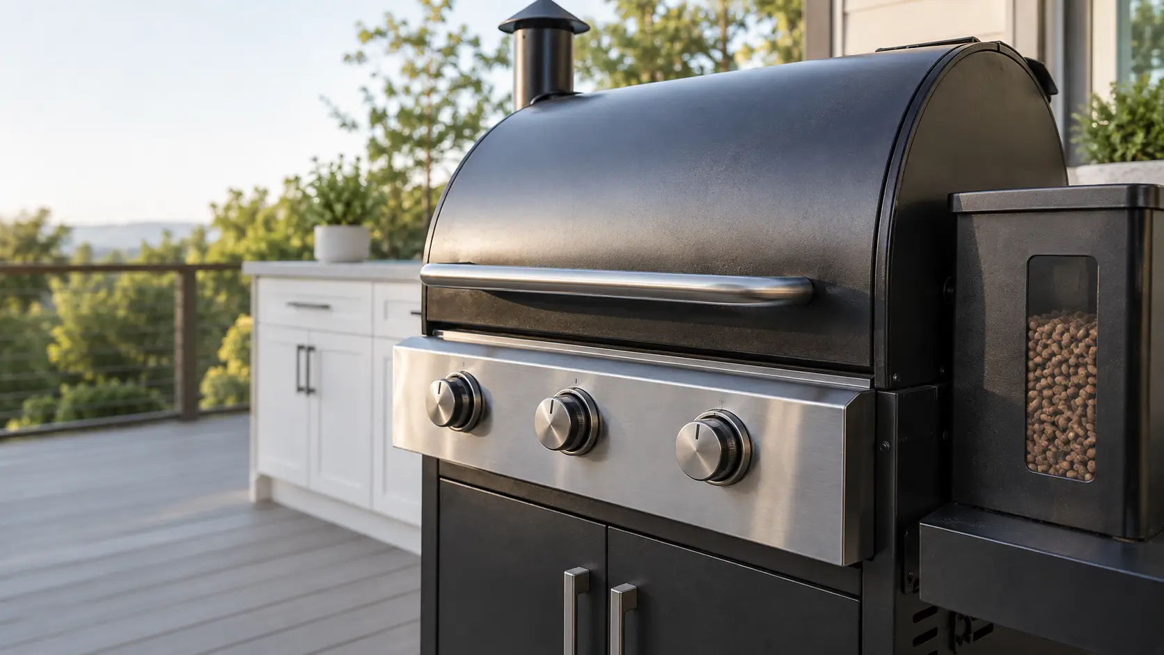 A terrace with a pellet grill and white shaker cabinets, seen close at the grill's knobs.