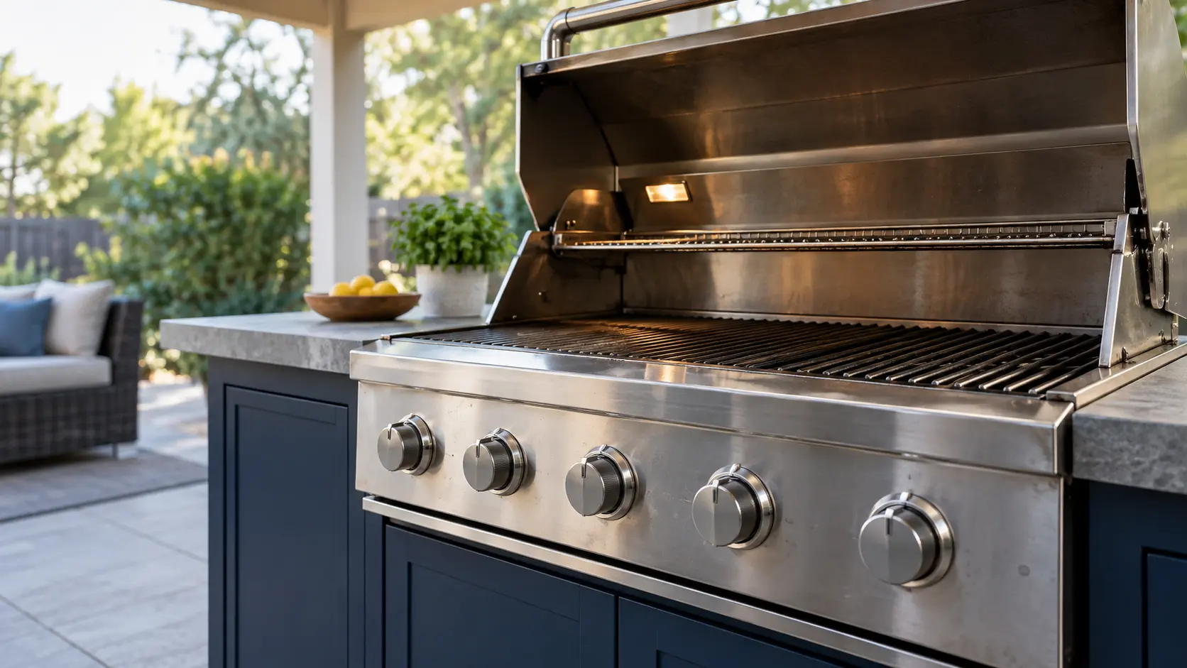 A covered patio with a built-in grill and navy painted cabinets, seen close at the grill's knobs.
