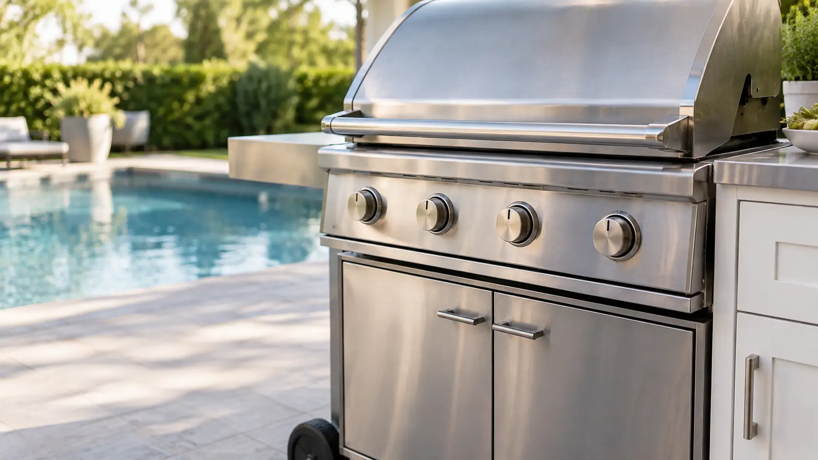 A pool deck with a cart grill and white shaker cabinets, seen close at the grill's knobs.