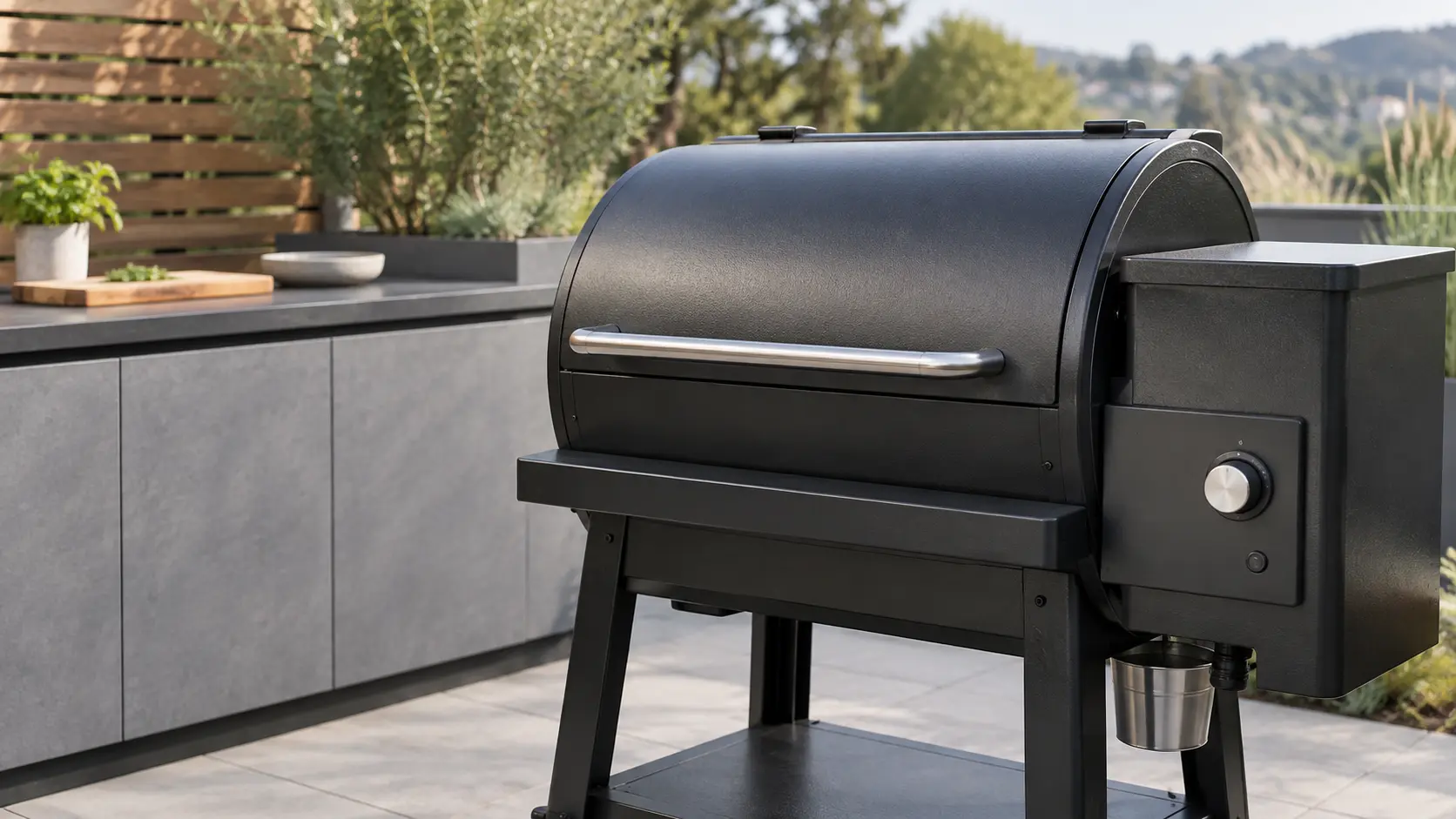 A terrace with a pellet grill and gray slab cabinets, seen close at the grill's knobs.
