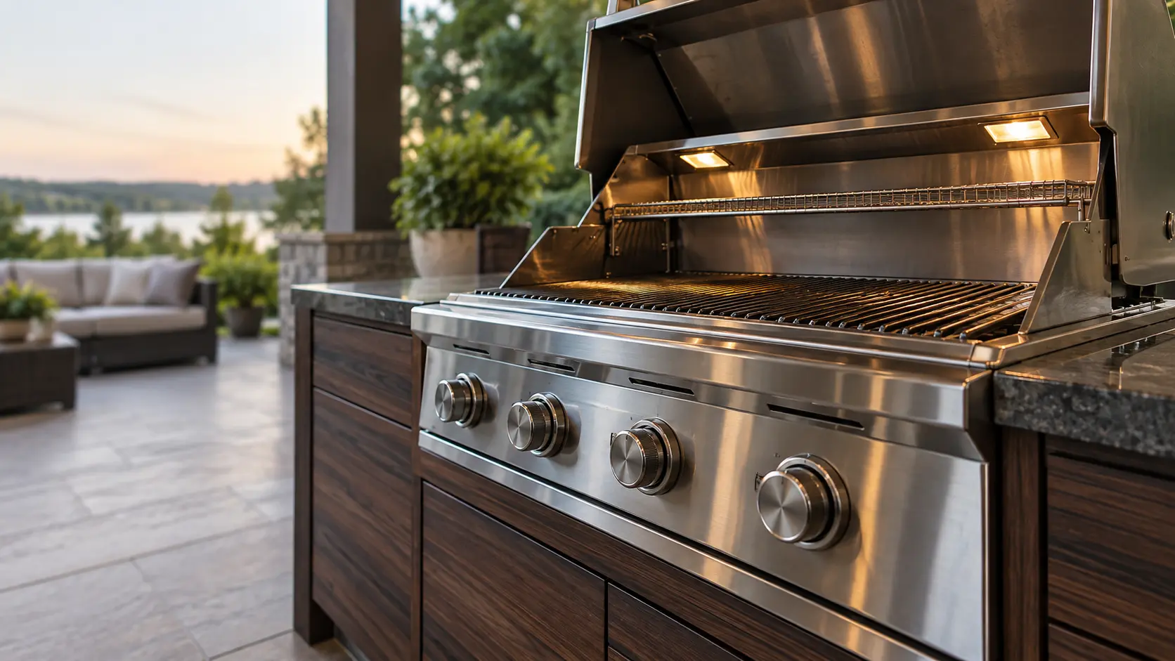A covered patio with a built-in grill and dark walnut cabinets, seen close at the grill's knobs.