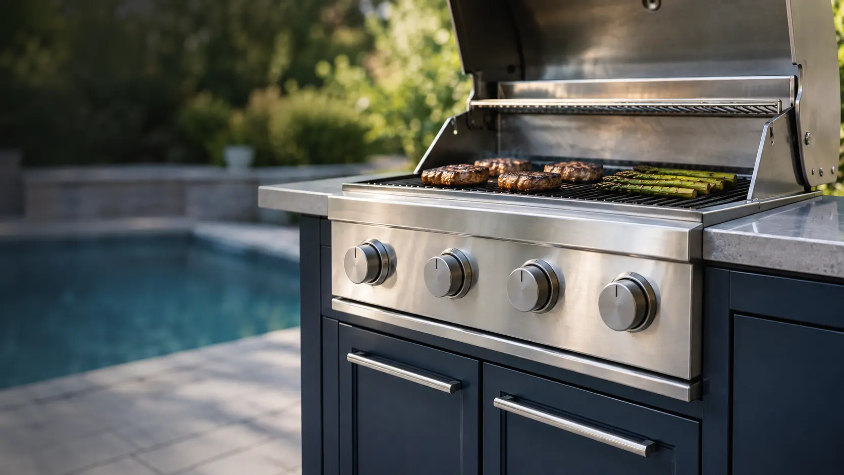 A pool deck with a cart grill and navy painted cabinets, seen close at the grill's knobs.