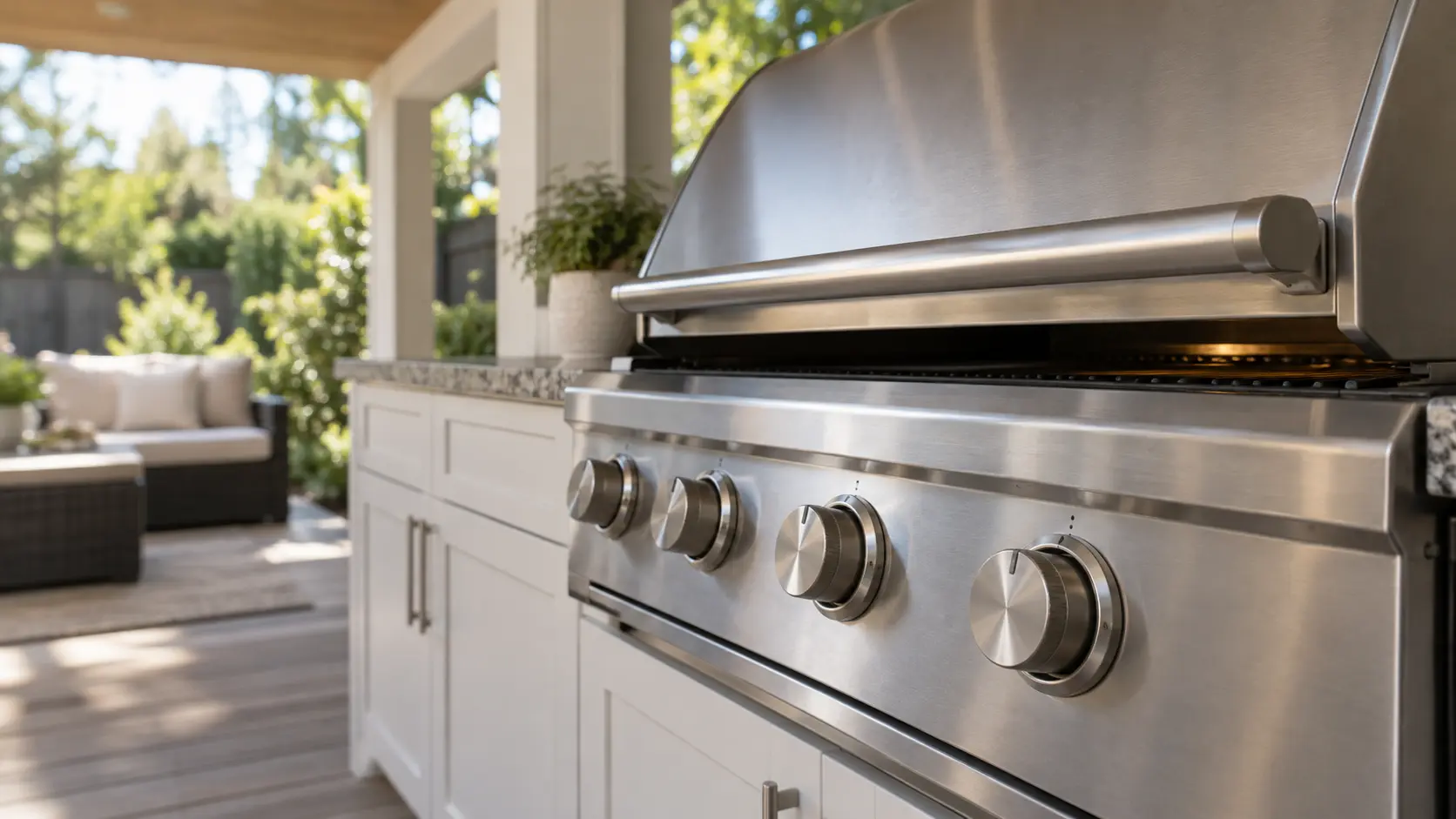 A covered patio with a built-in grill and white shaker cabinets, seen close at the grill's knobs.