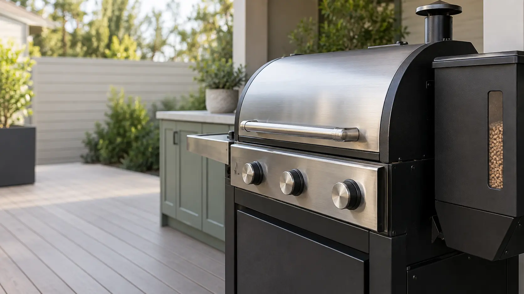 A terrace with a pellet grill and sage green cabinets, seen close at the grill's knobs.