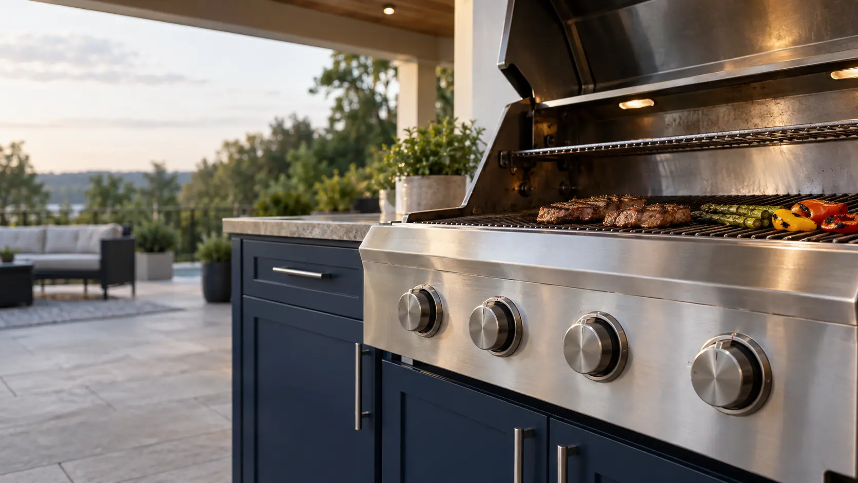 A covered patio with a built-in grill and navy painted cabinets, seen close at the grill's knobs.