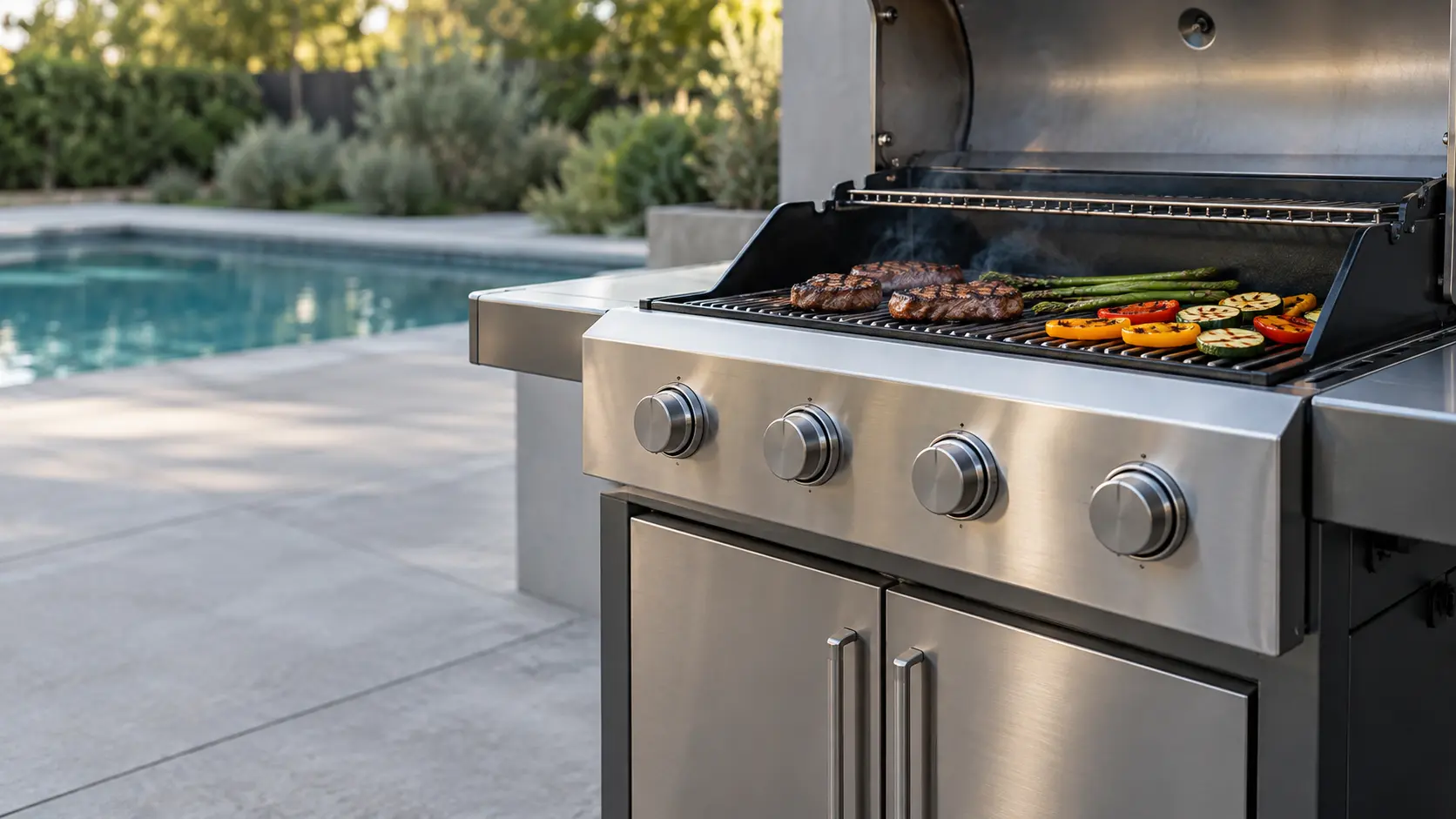 A pool deck with a cart grill and gray slab cabinets, seen close at the grill's knobs.
