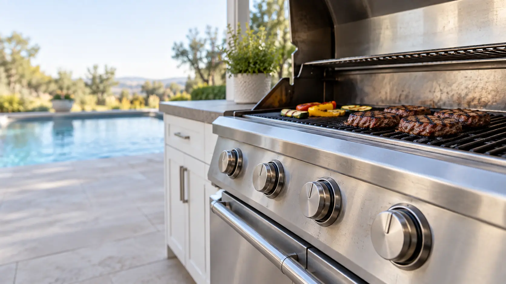 A pool deck with a cart grill and white shaker cabinets, seen close at the grill's knobs.
