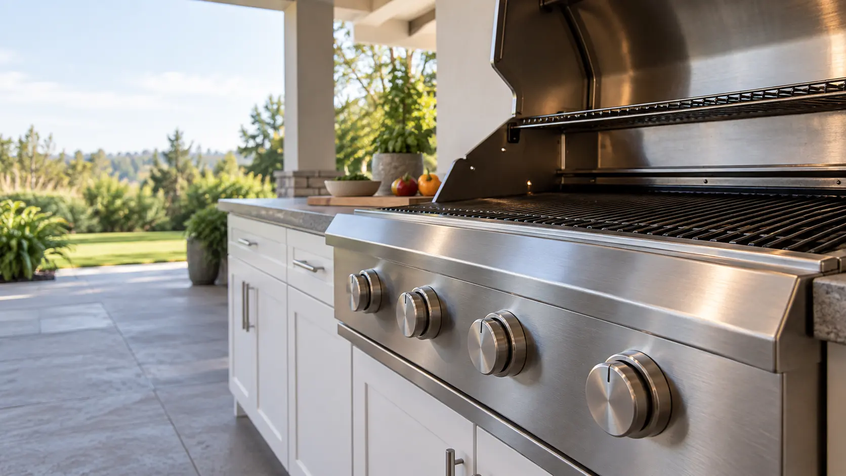 A covered patio with a built-in grill and white shaker cabinets, seen close at the grill's knobs.