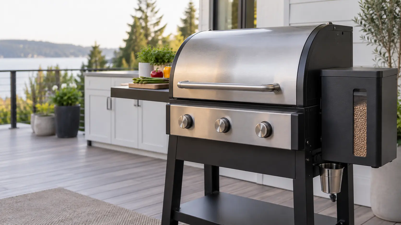 A terrace with a pellet grill and white shaker cabinets, seen close at the grill's knobs.