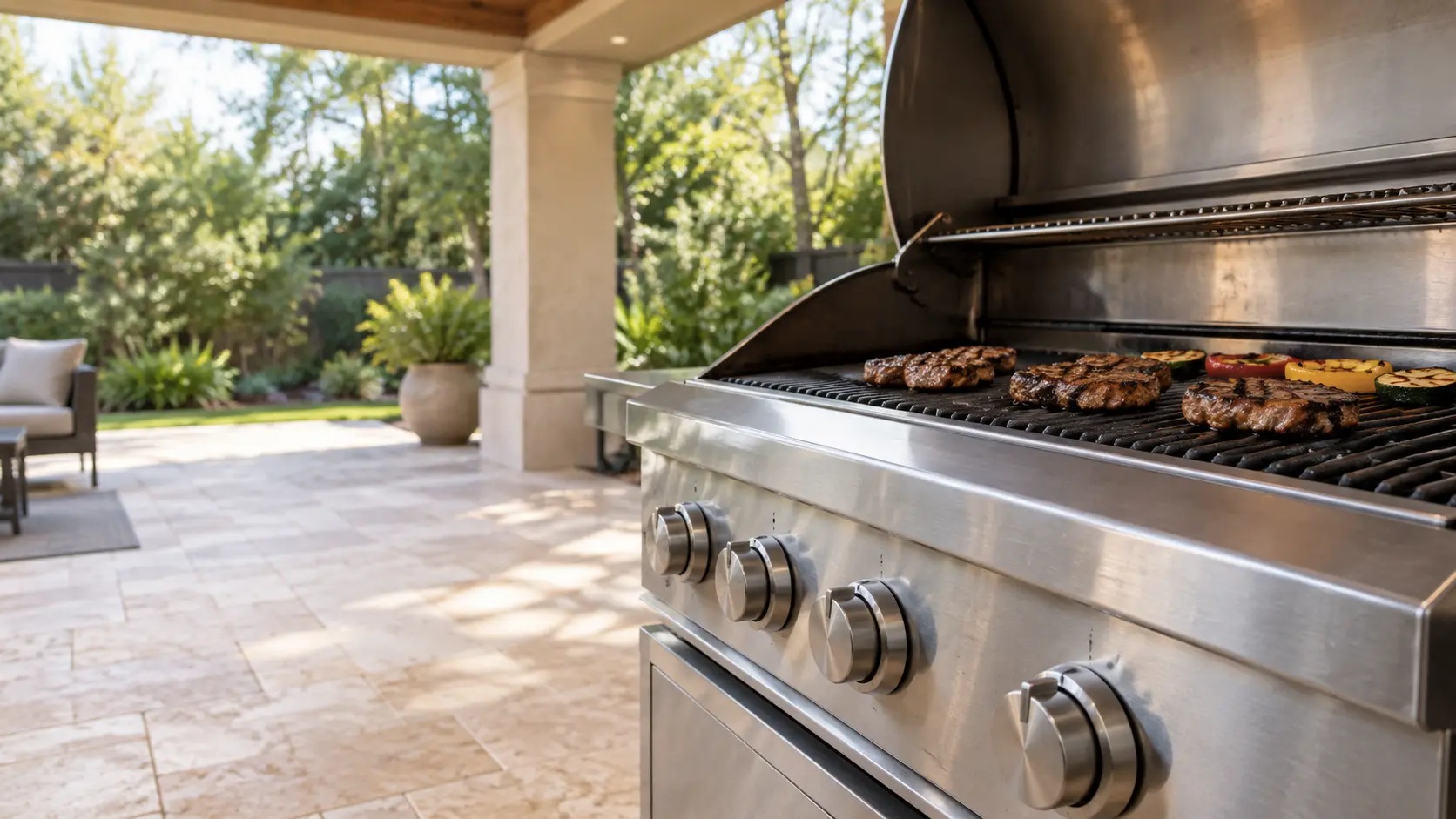 A covered patio with a built-in grill and travertine pavers, seen close at the grill's knobs.