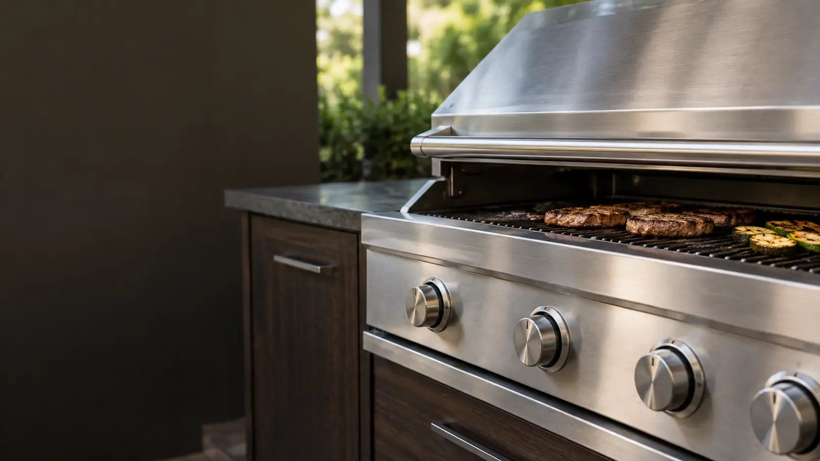A covered patio with a built-in grill and dark walnut cabinets, seen close at the grill's knobs.