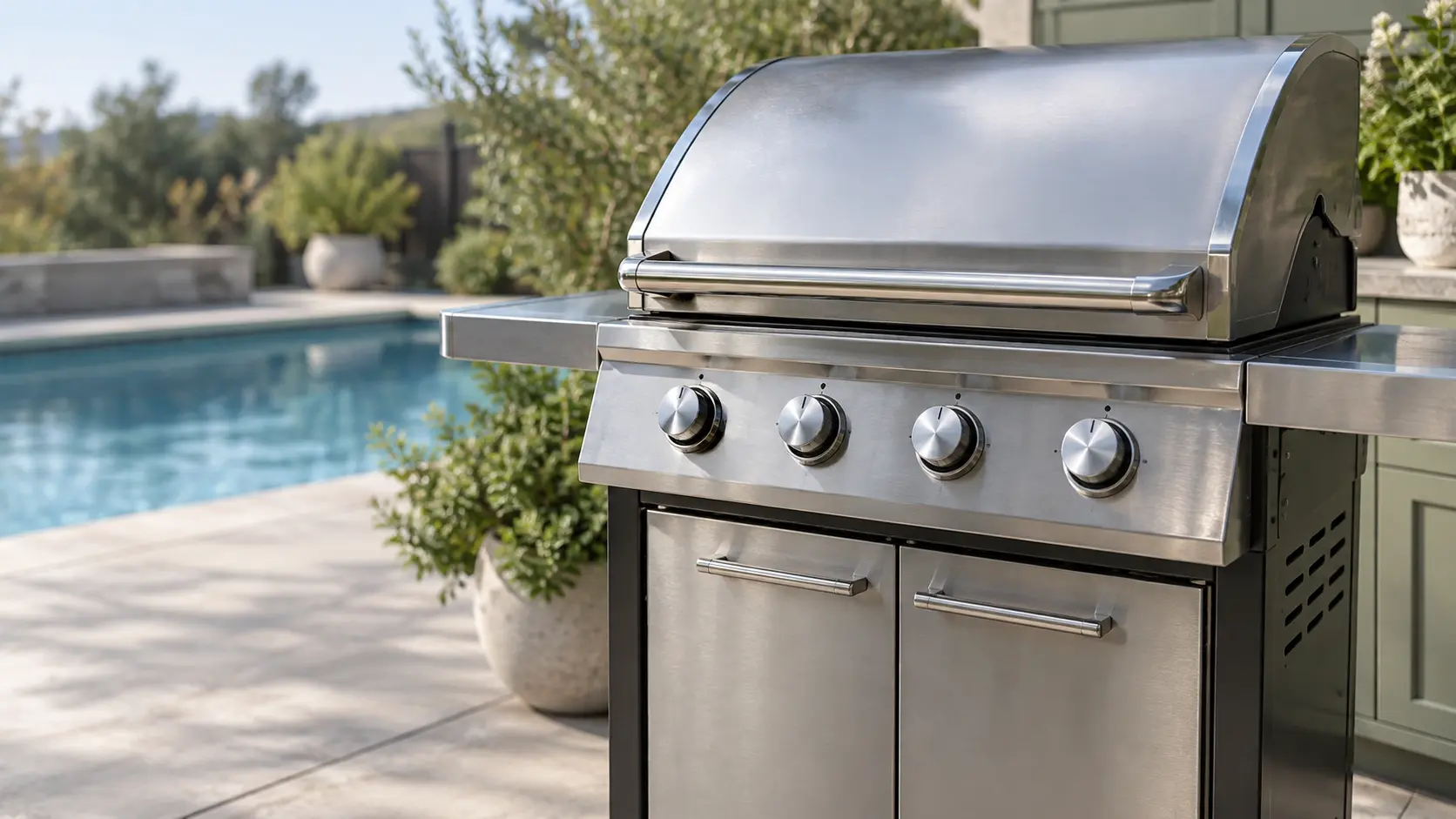 A pool deck with a cart grill and sage green cabinets, seen close at the grill's knobs.