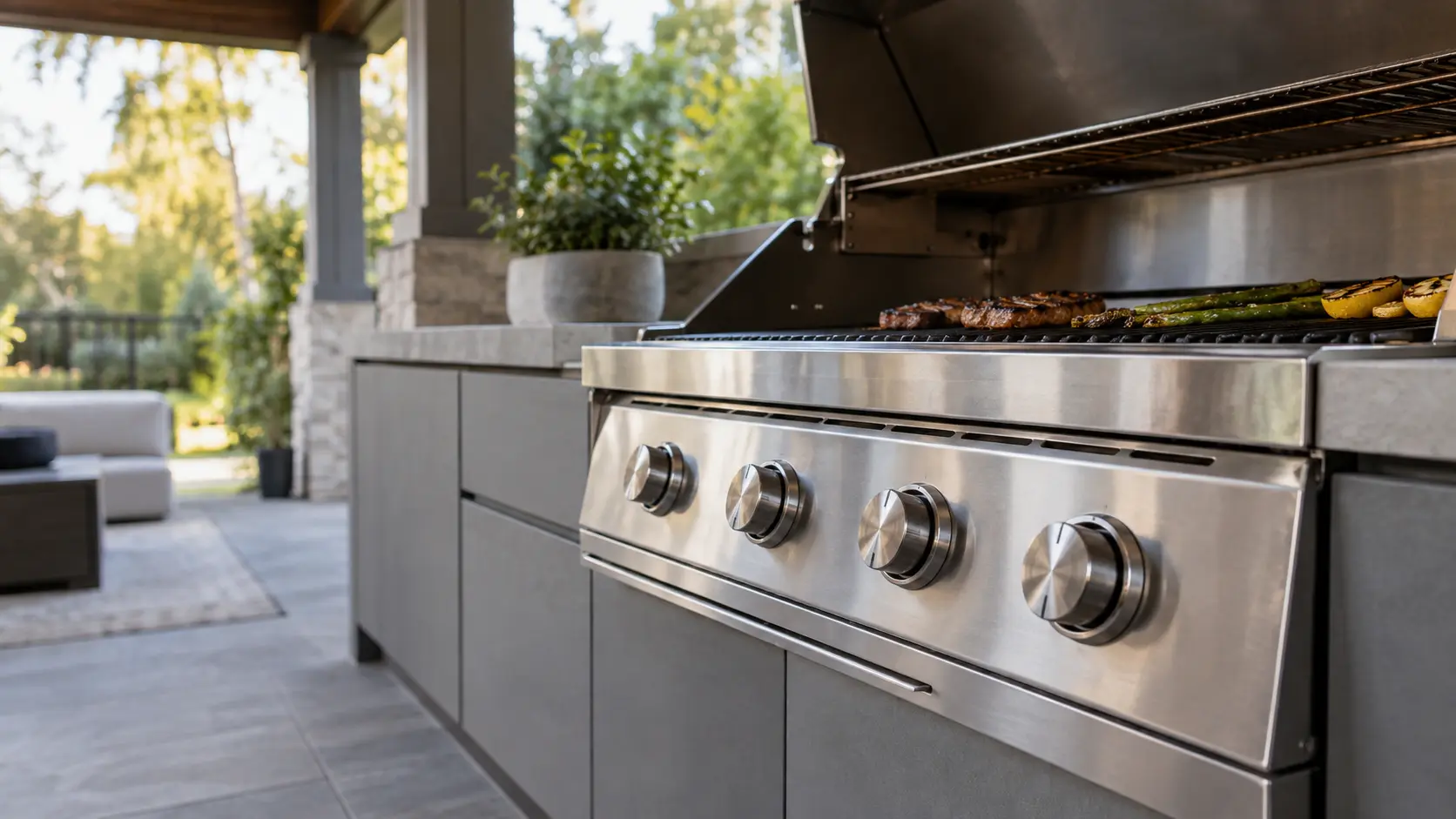 A covered patio with a built-in grill and gray slab cabinets, seen close at the grill's knobs.