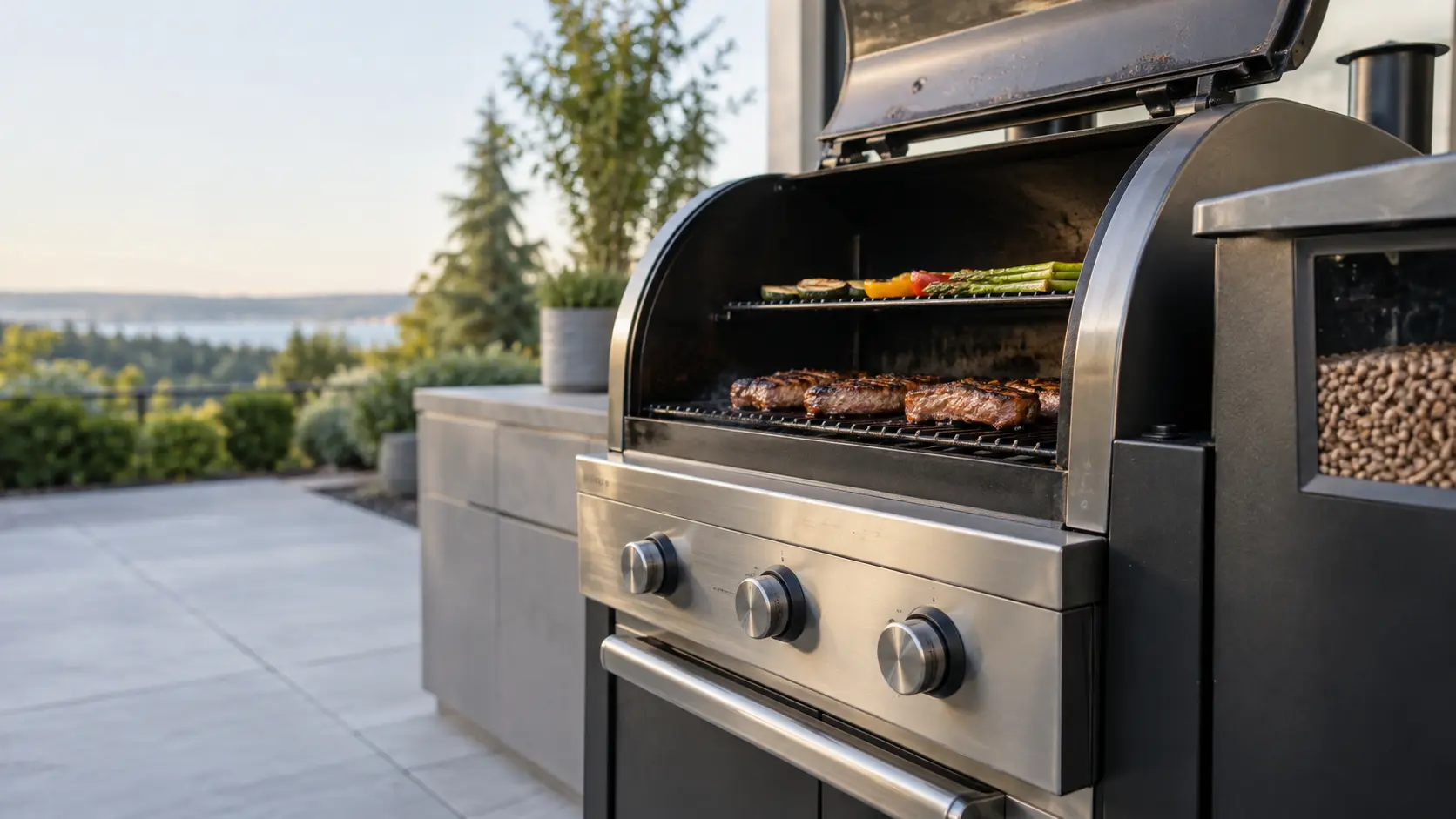 A terrace with a pellet grill and gray slab cabinets, seen close at the grill's knobs.