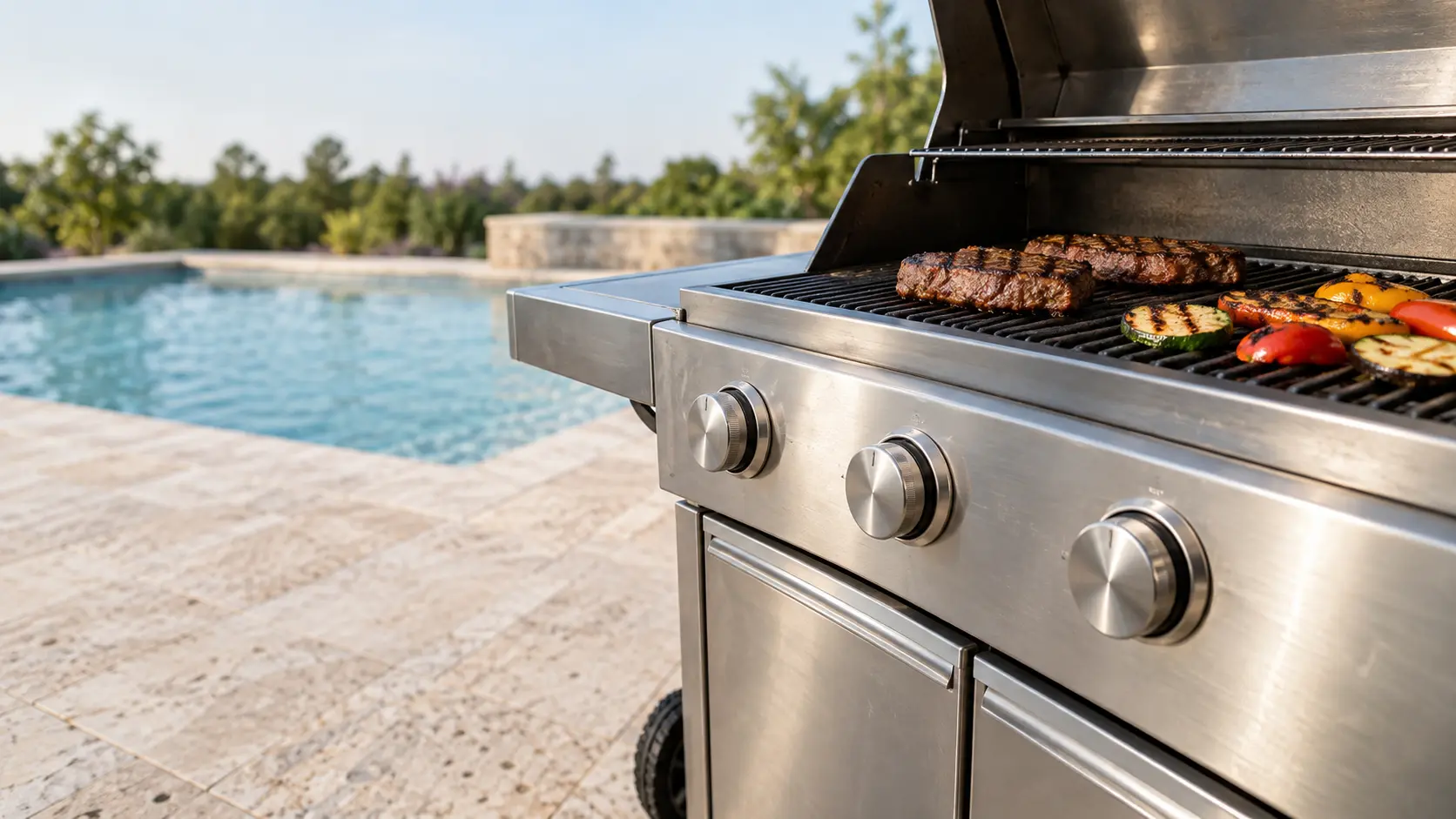 A pool deck with a cart grill and travertine pavers, seen close at the grill's knobs.