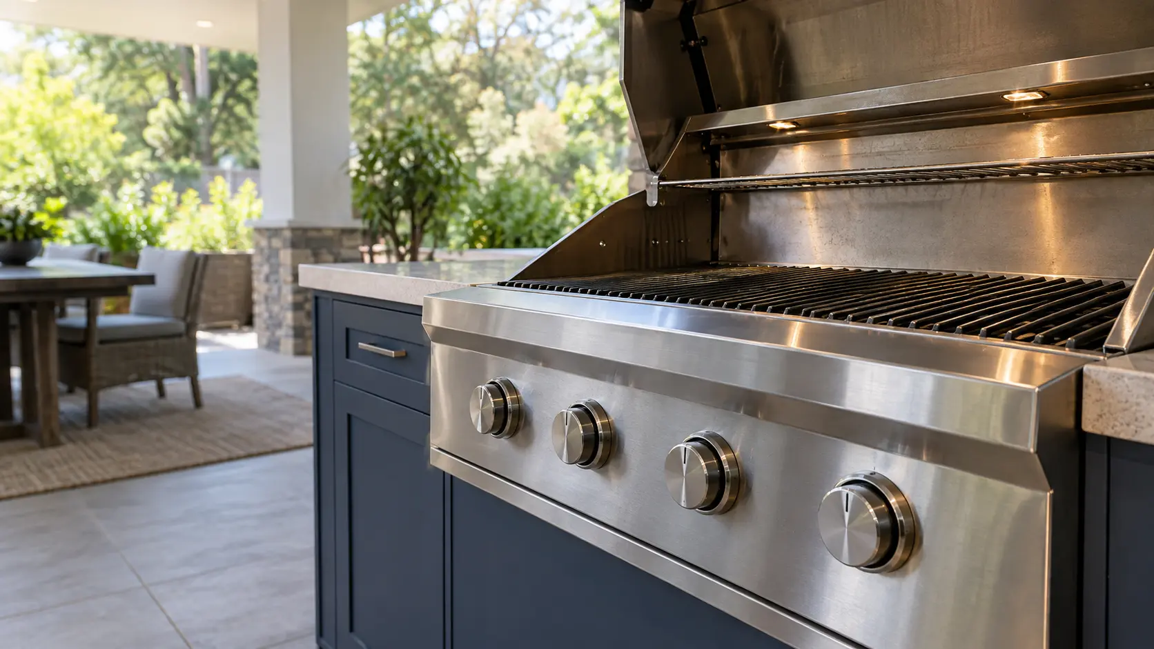 A covered patio with a built-in grill and navy painted cabinets, seen close at the grill's knobs.