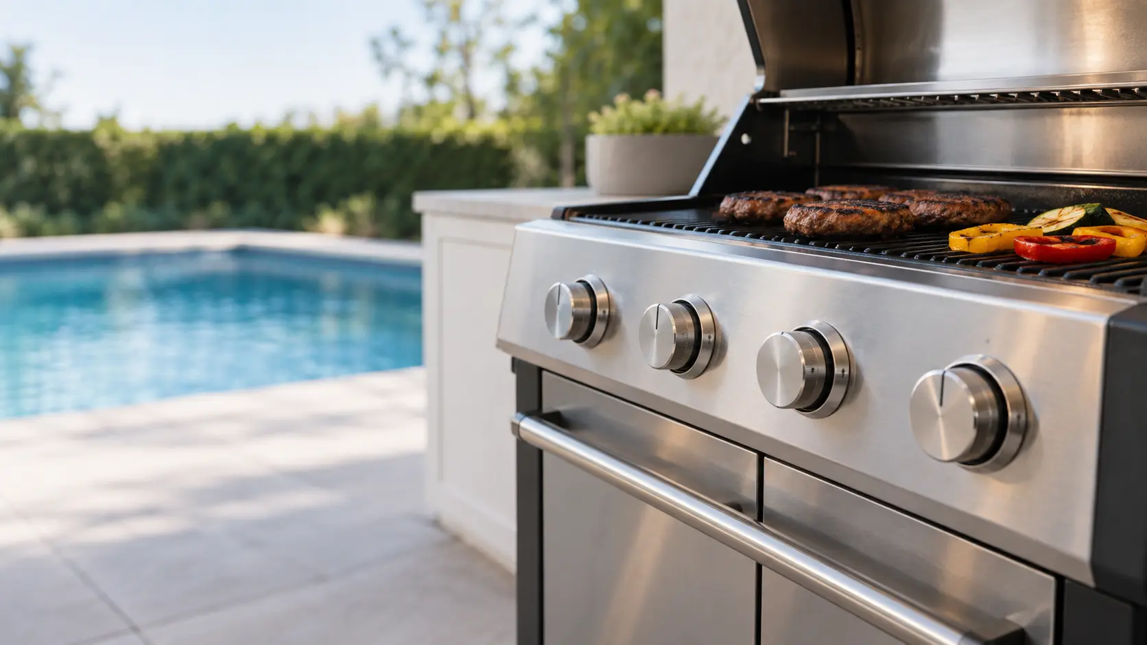 A pool deck with a cart grill and white shaker cabinets, seen close at the grill's knobs.