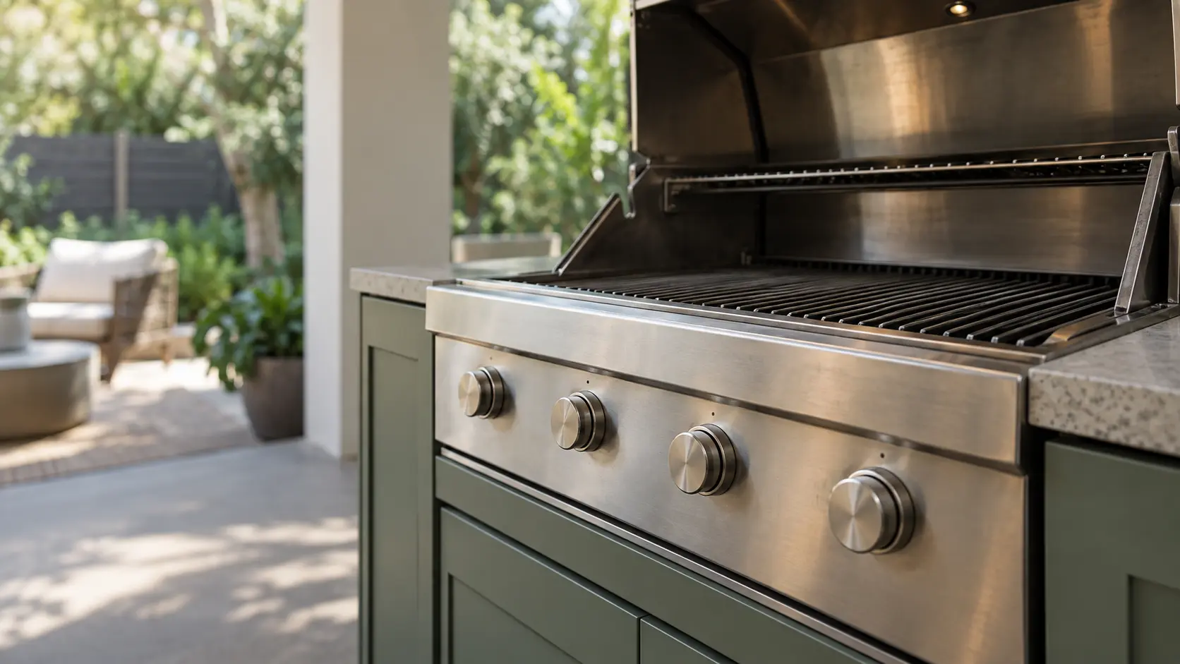 A covered patio with a built-in grill and sage green cabinets, seen close at the grill's knobs.