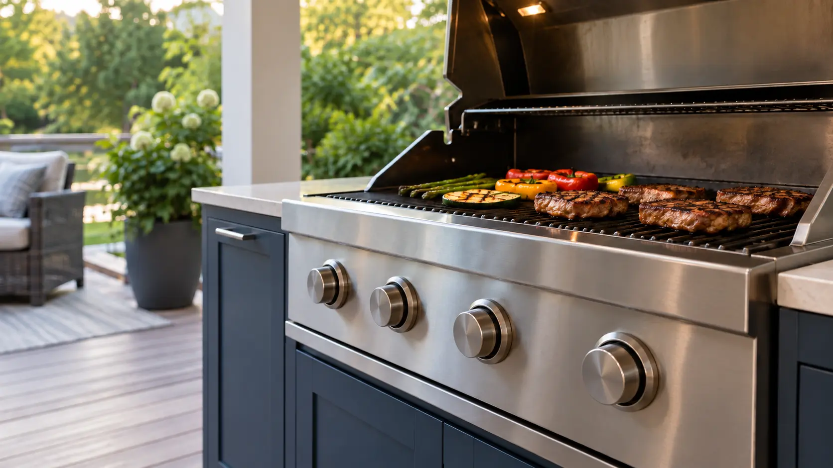 A covered patio with a built-in grill and navy painted cabinets, seen close at the grill's knobs.
