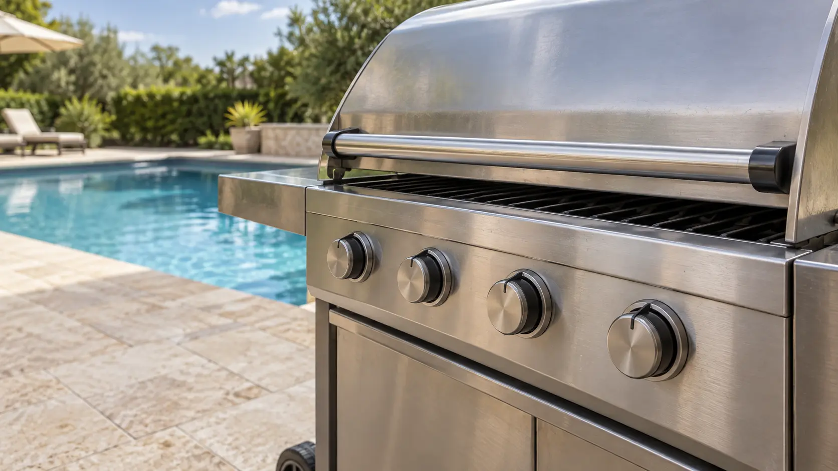 A pool deck with a cart grill and travertine pavers, seen close at the grill's knobs.