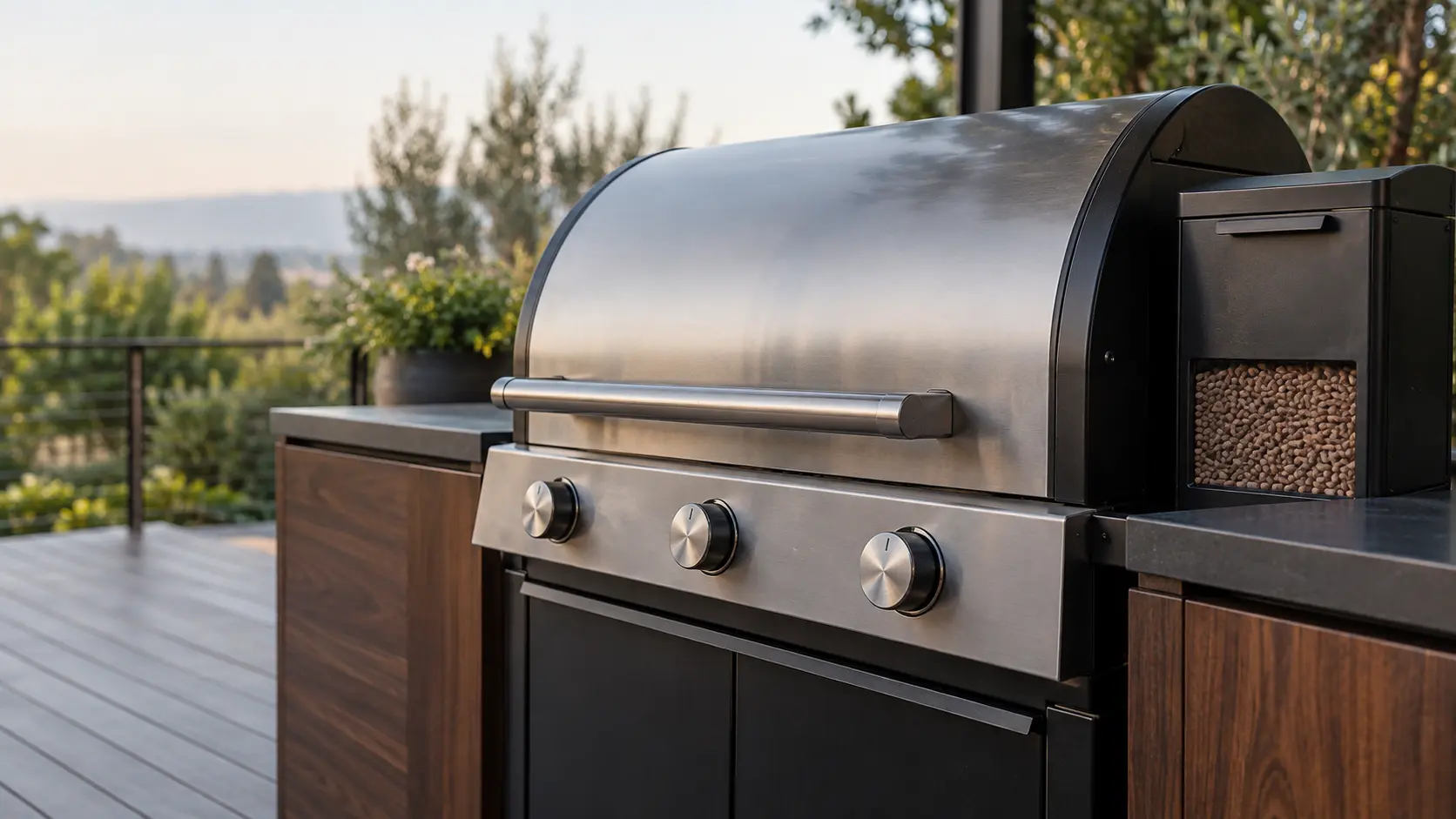 A terrace with a pellet grill and dark walnut cabinets, seen close at the grill's knobs.