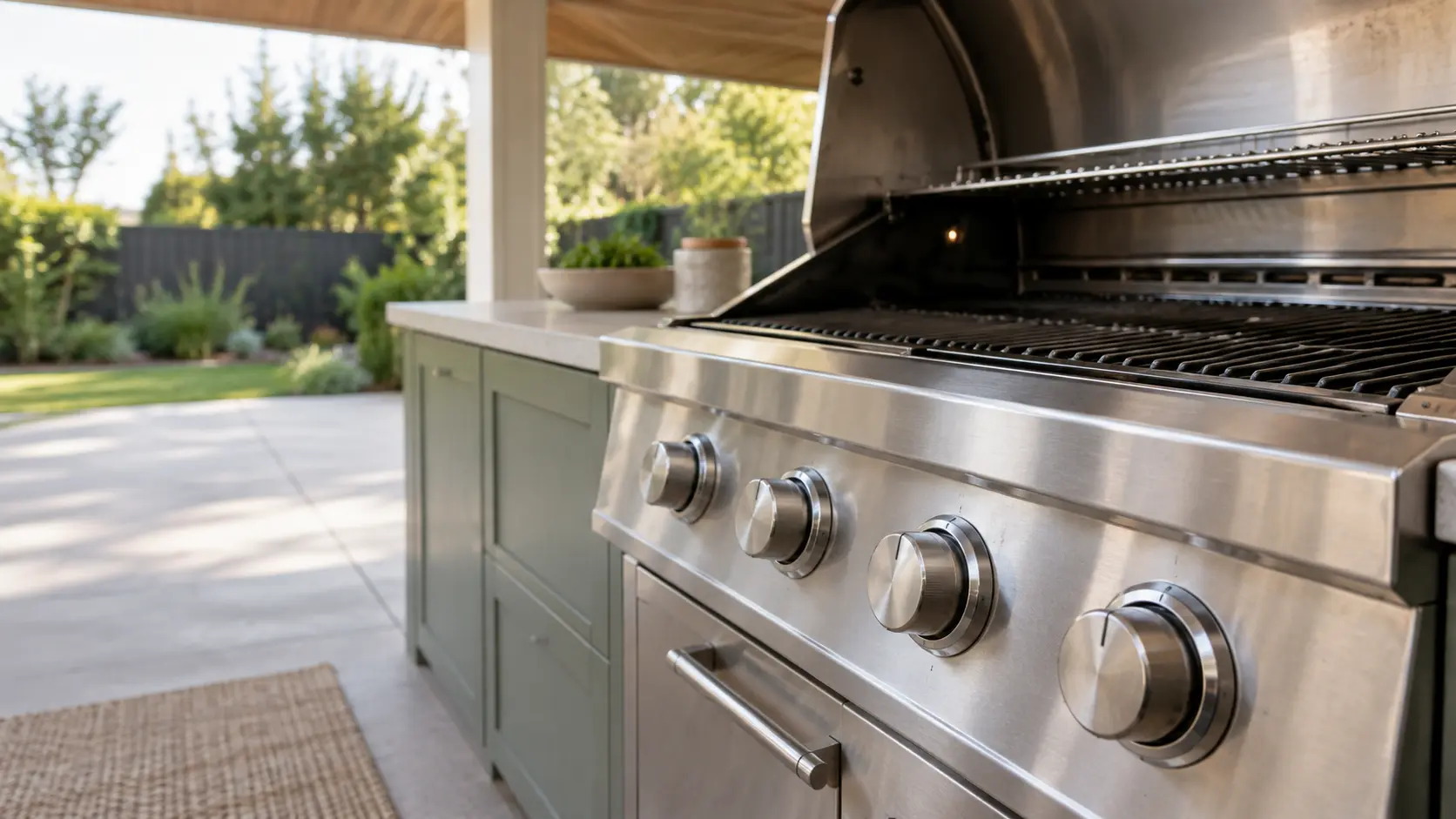 A covered patio with a built-in grill and sage green cabinets, seen close at the grill's knobs.