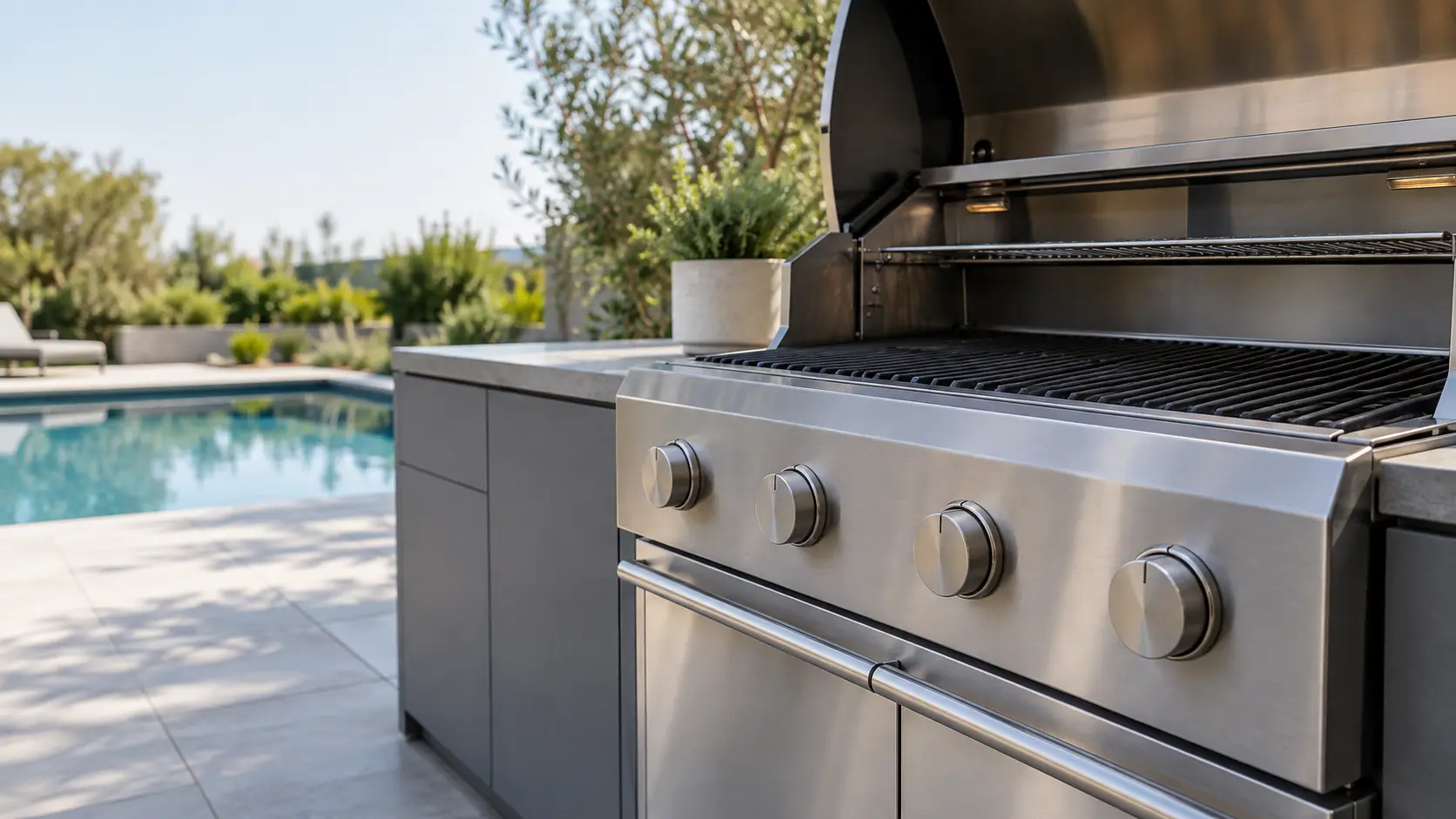 A pool deck with a cart grill and gray slab cabinets, seen close at the grill's knobs.