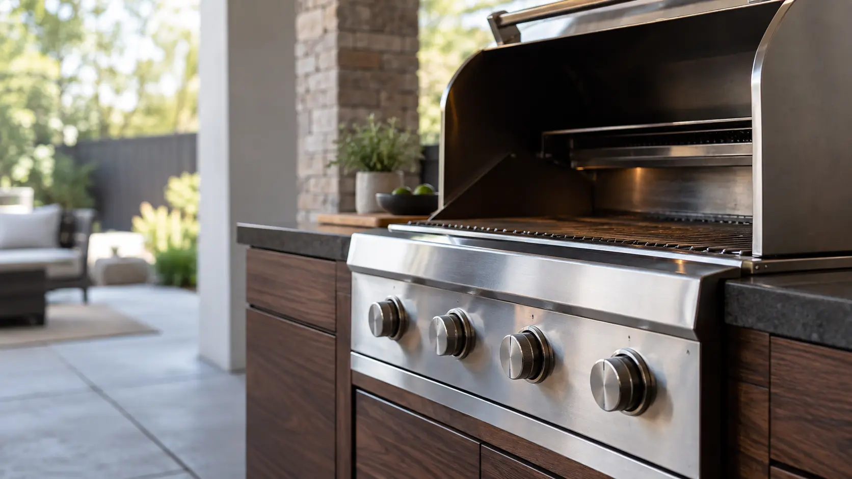 A covered patio with a built-in grill and dark walnut cabinets, seen close at the grill's knobs.