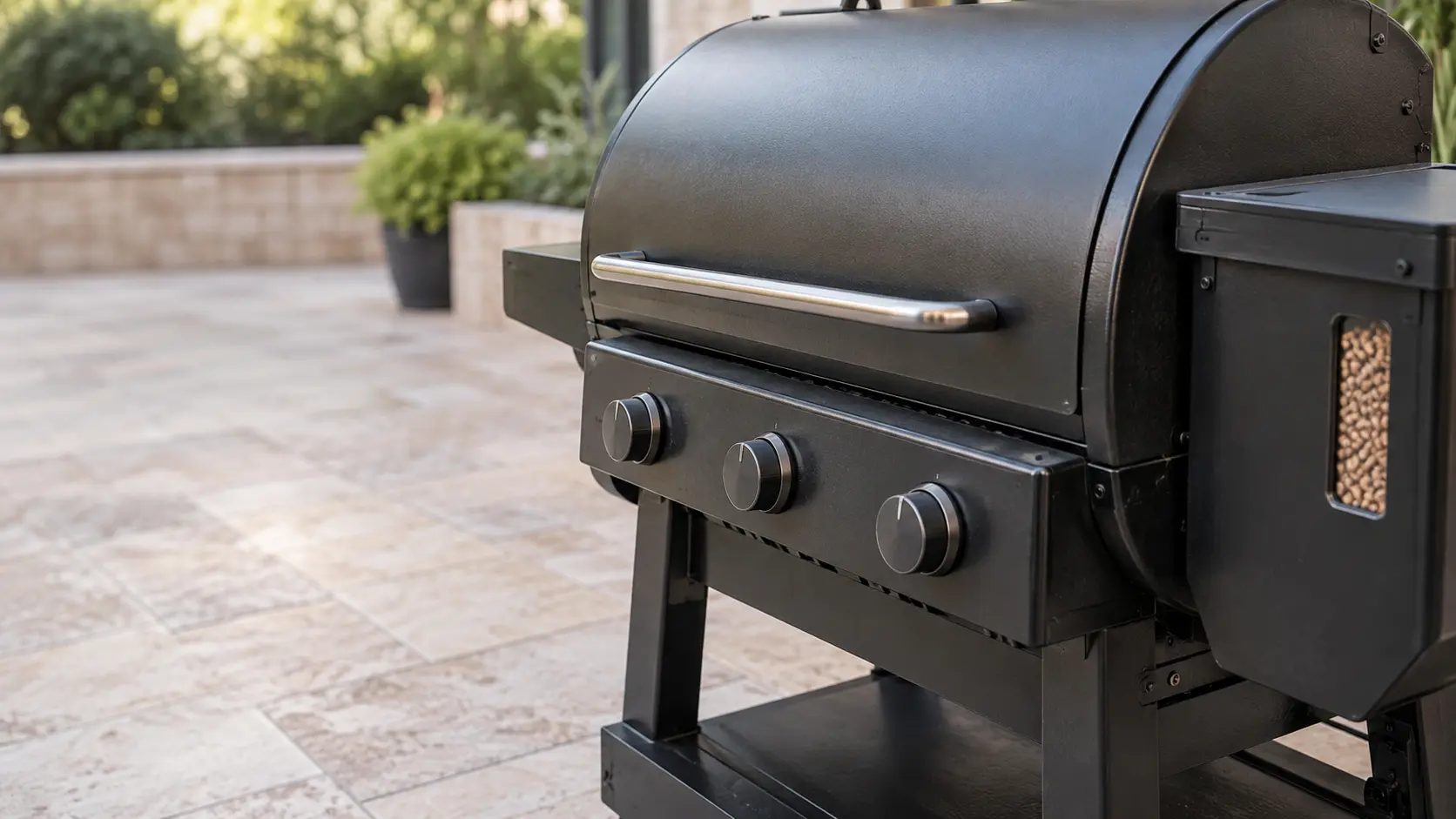 A terrace with a pellet grill and travertine pavers, seen close at the grill's knobs.