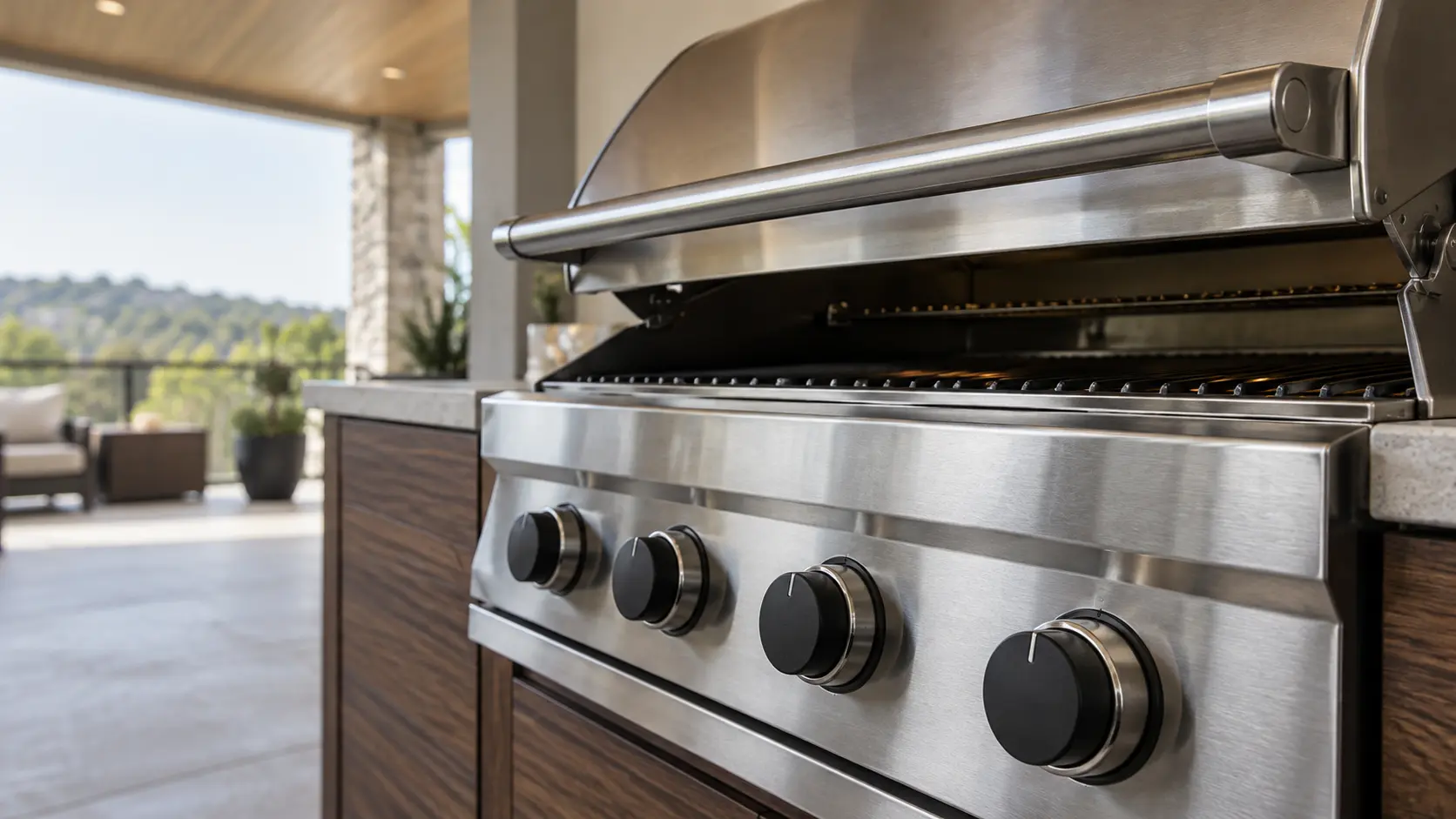 A covered patio with a built-in grill and dark walnut cabinets, seen close at the grill's knobs.
