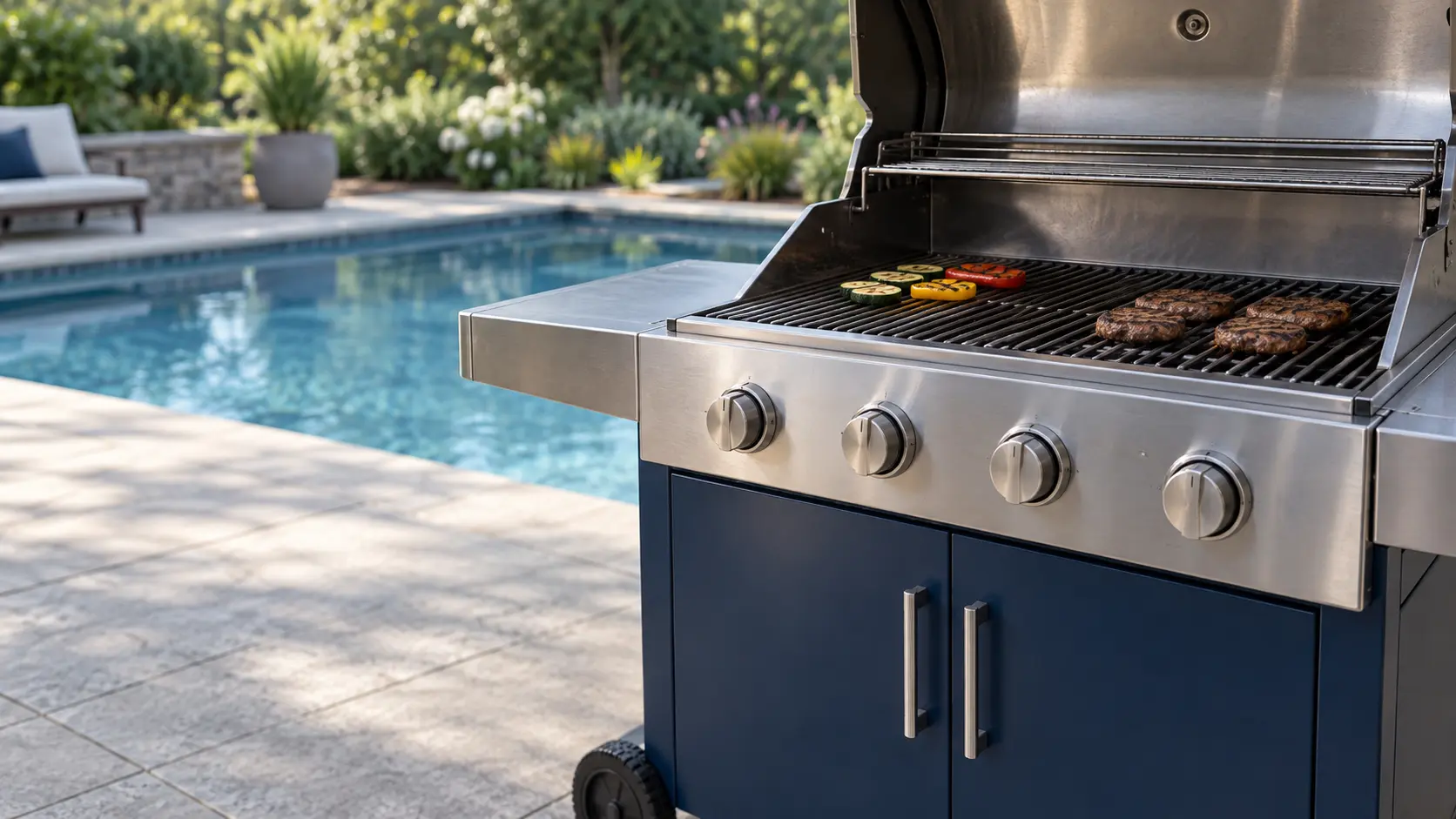 A pool deck with a cart grill and navy painted cabinets, seen close at the grill's knobs.