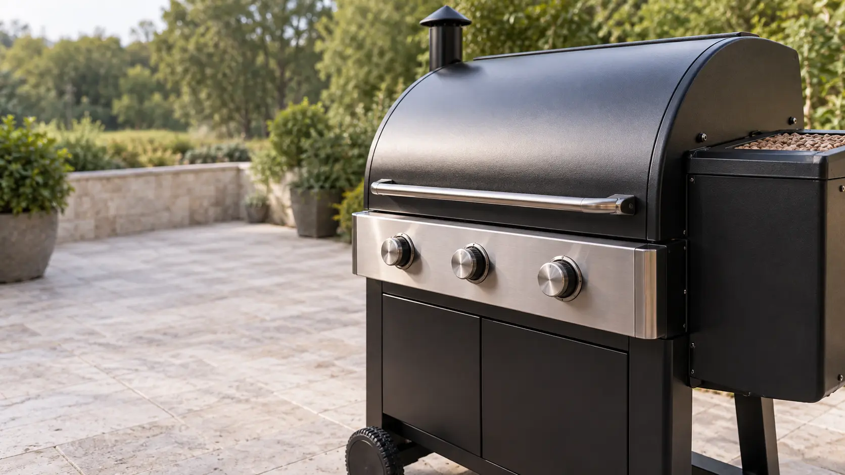 A terrace with a pellet grill and travertine pavers, seen close at the grill's knobs.