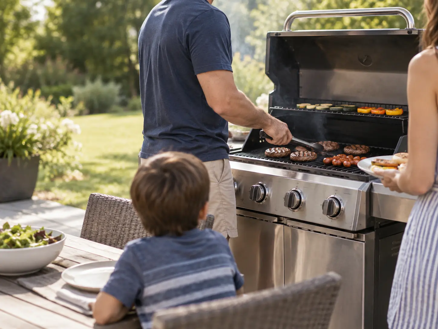 A family gathered around a grill on a sunny patio.