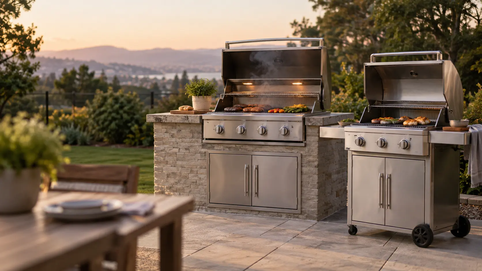 A built-in grill and a cart grill on the same patio.