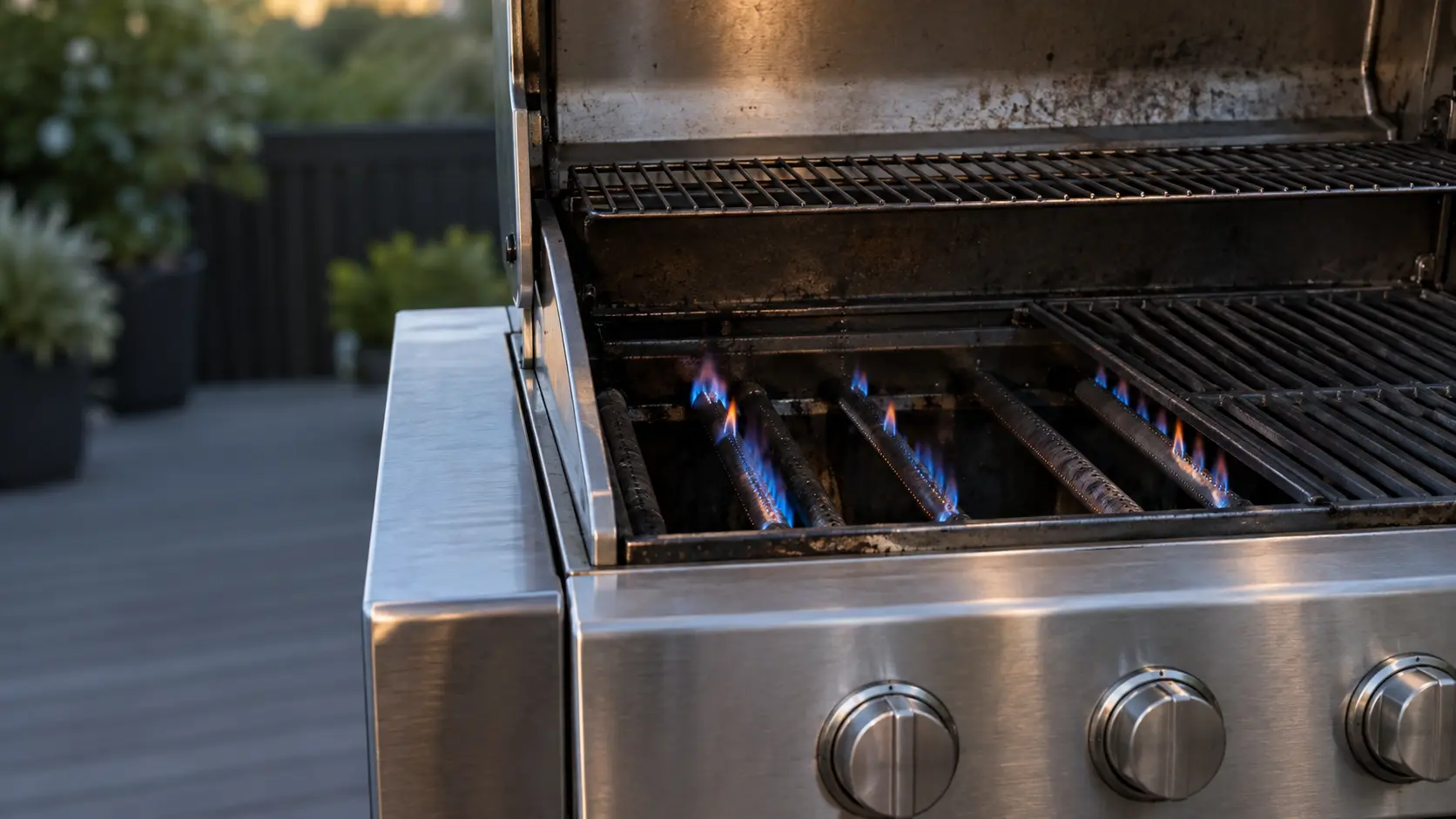 A grill burner with half its ports dark, the flame uneven, seen close.