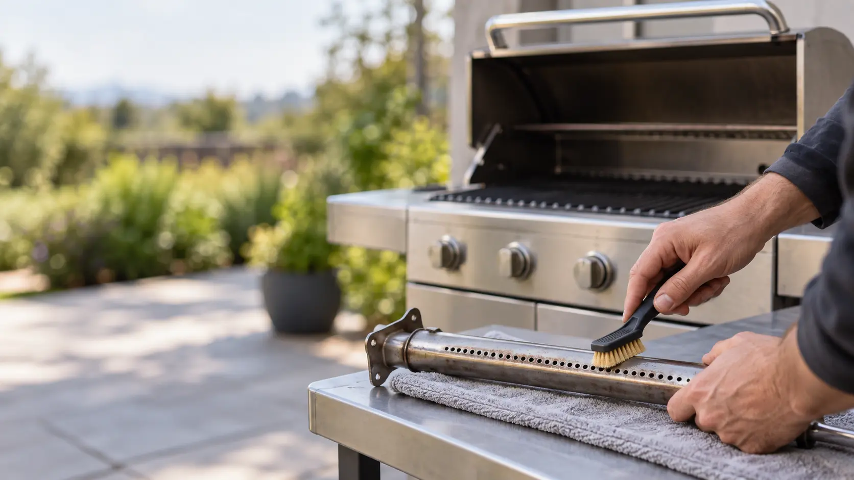 A soft brush clearing the ports of a burner removed from a grill.