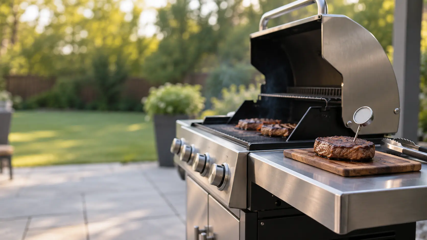 A meat thermometer in a steak resting on the side shelf of a grill.