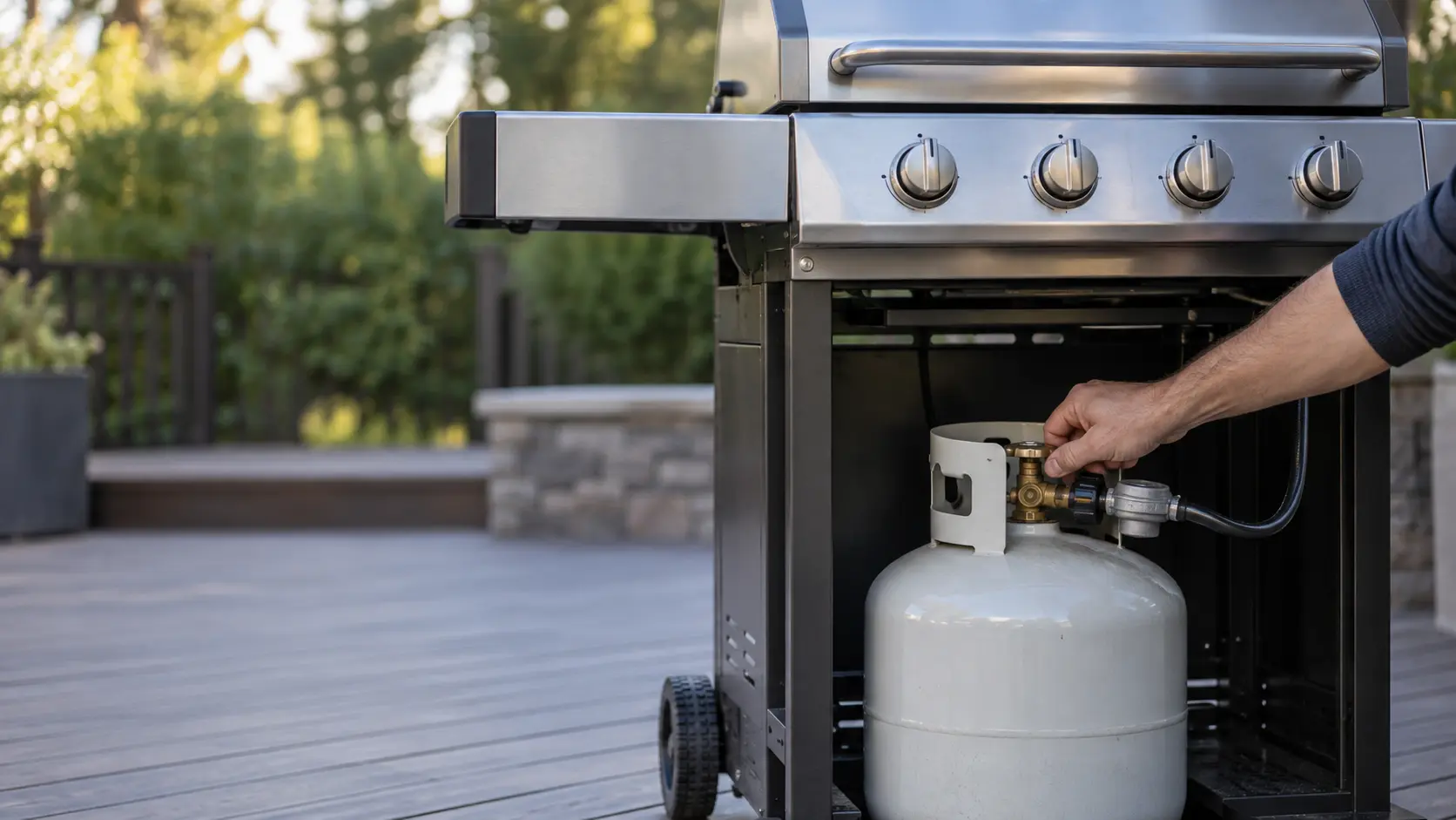 A hand closing the valve of a propane tank under a cart grill.