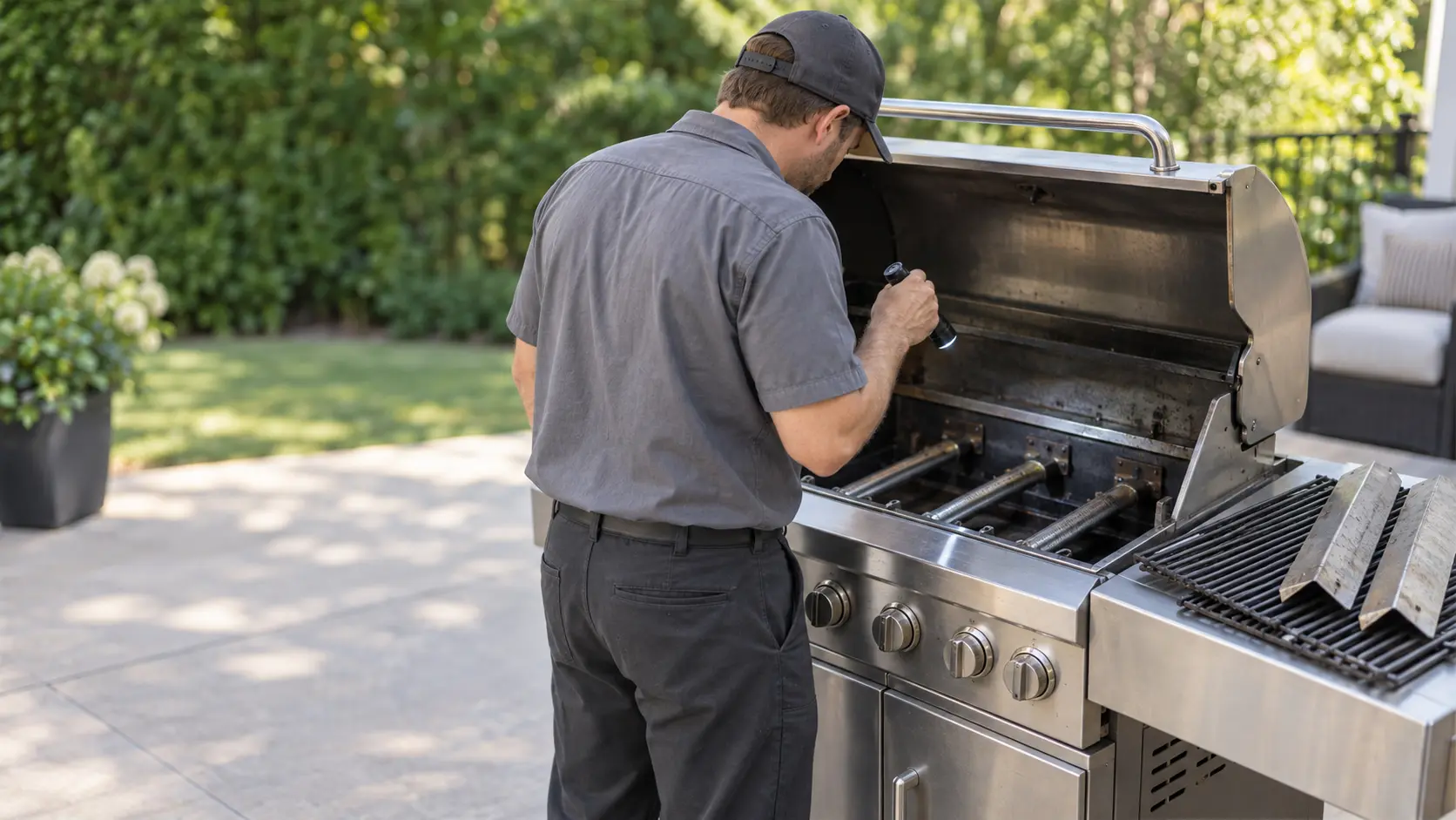 A technician in a plain gray work shirt stands beside an open stainless gas grill on a patio, the grates and heat shields lifted out and laid on the side shelf, looking down at the burners with a small flashlight, his hands away from any gas fitting or knob, plants softly blurred behind, daylight, seasonless.