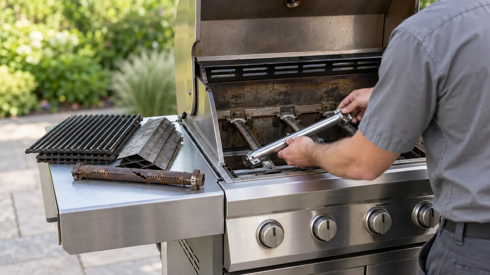 A technician in a plain gray work shirt fits a new stainless burner tube into an open gas grill on a patio, the grates and heat shields set aside on the side shelf, an old rusted burner with split ports lying beside them, the knobs all at off, daylight, seasonless.