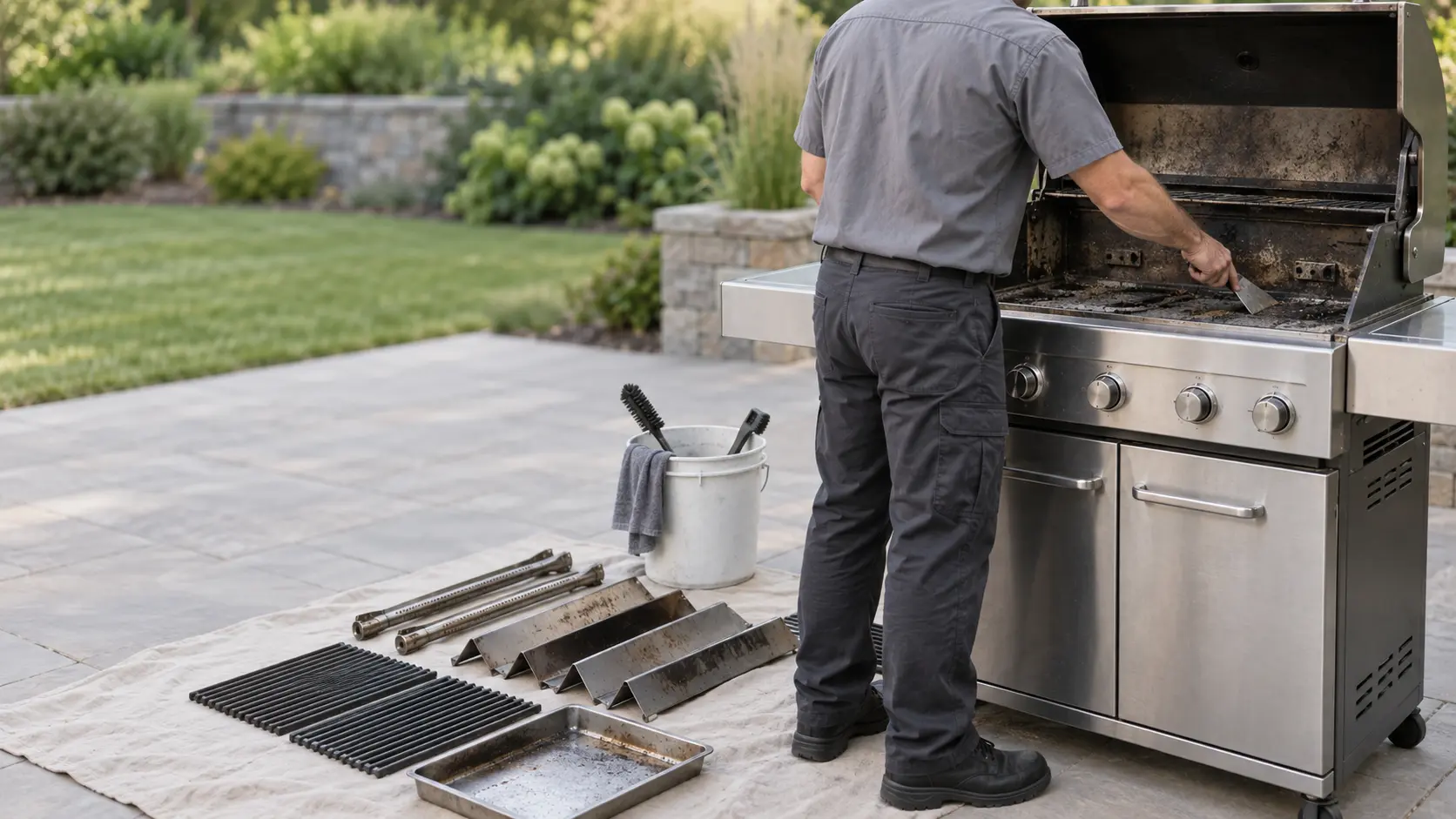 A technician in a plain gray work shirt scrapes the inside of an empty stainless grill firebox on a patio, the burners, heat shields and grease tray laid out clean on a canvas drop cloth beside the grill, a bucket and brushes nearby, the grill cold with no flame, daylight, seasonless.