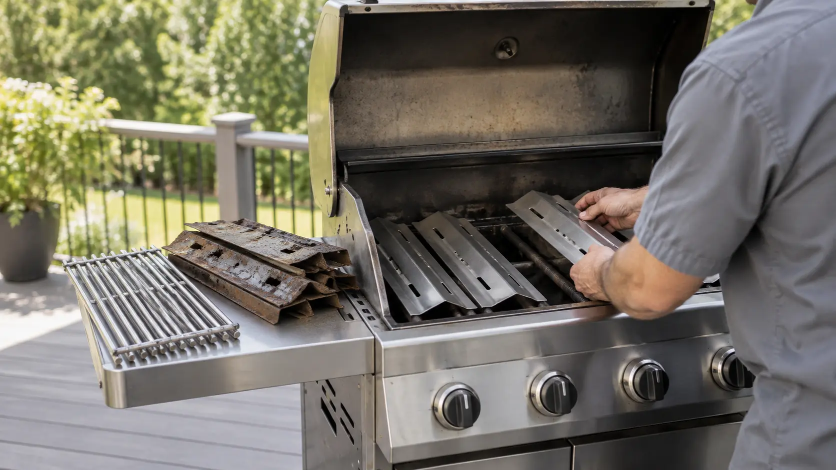 A technician in a plain gray work shirt sets a new row of stainless heat shields over the burners of an open gas grill on a patio, rusted and holed old shields stacked on the side shelf beside a clean new cooking grate, the grill cold with no flame, daylight, seasonless.