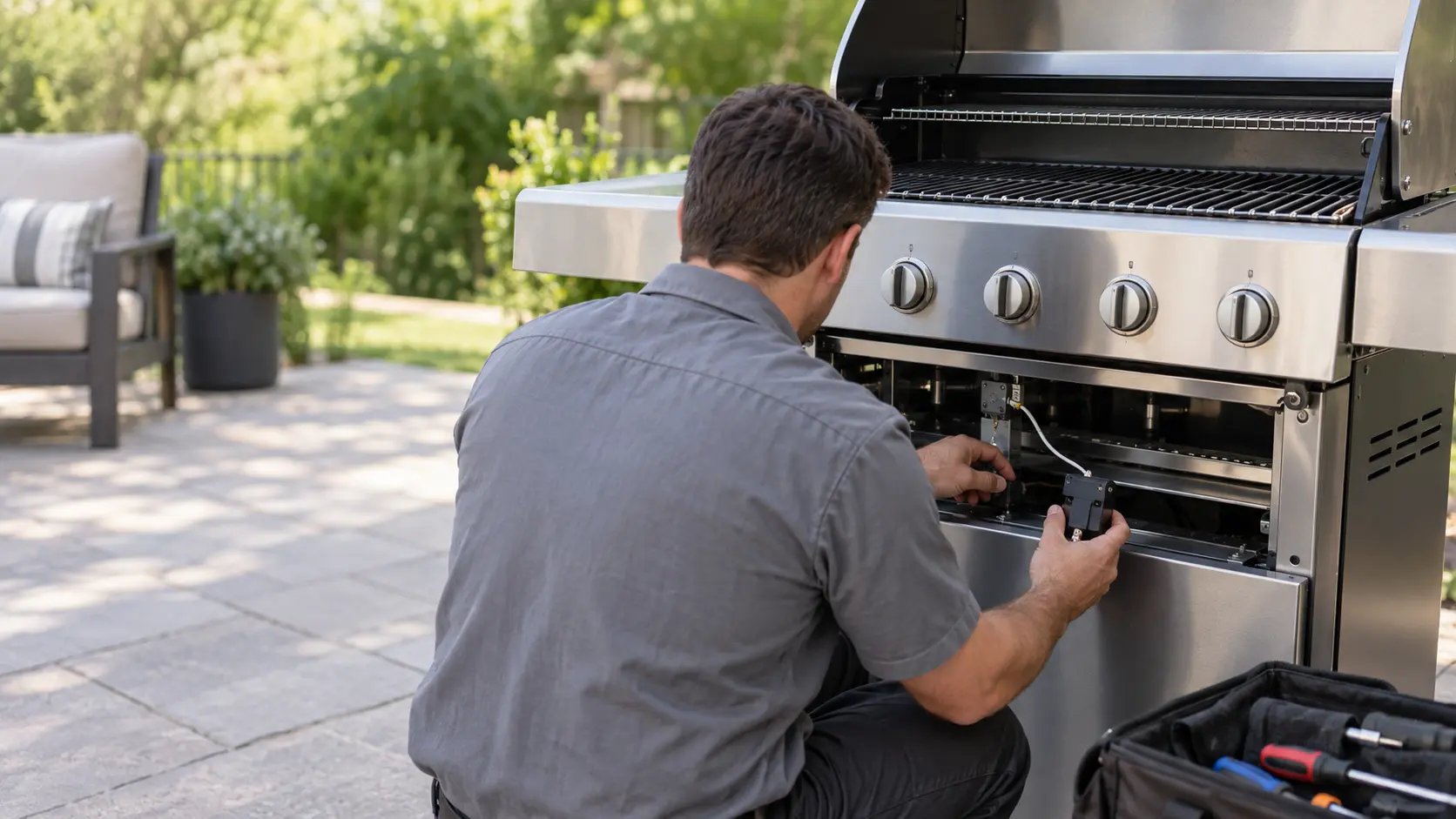 A technician in a plain gray work shirt kneels at the open front panel of a stainless gas grill on a patio, holding a small new spark module in one hand while the grill's knobs sit at off, an electrode wire visible behind the panel, daylight, seasonless.