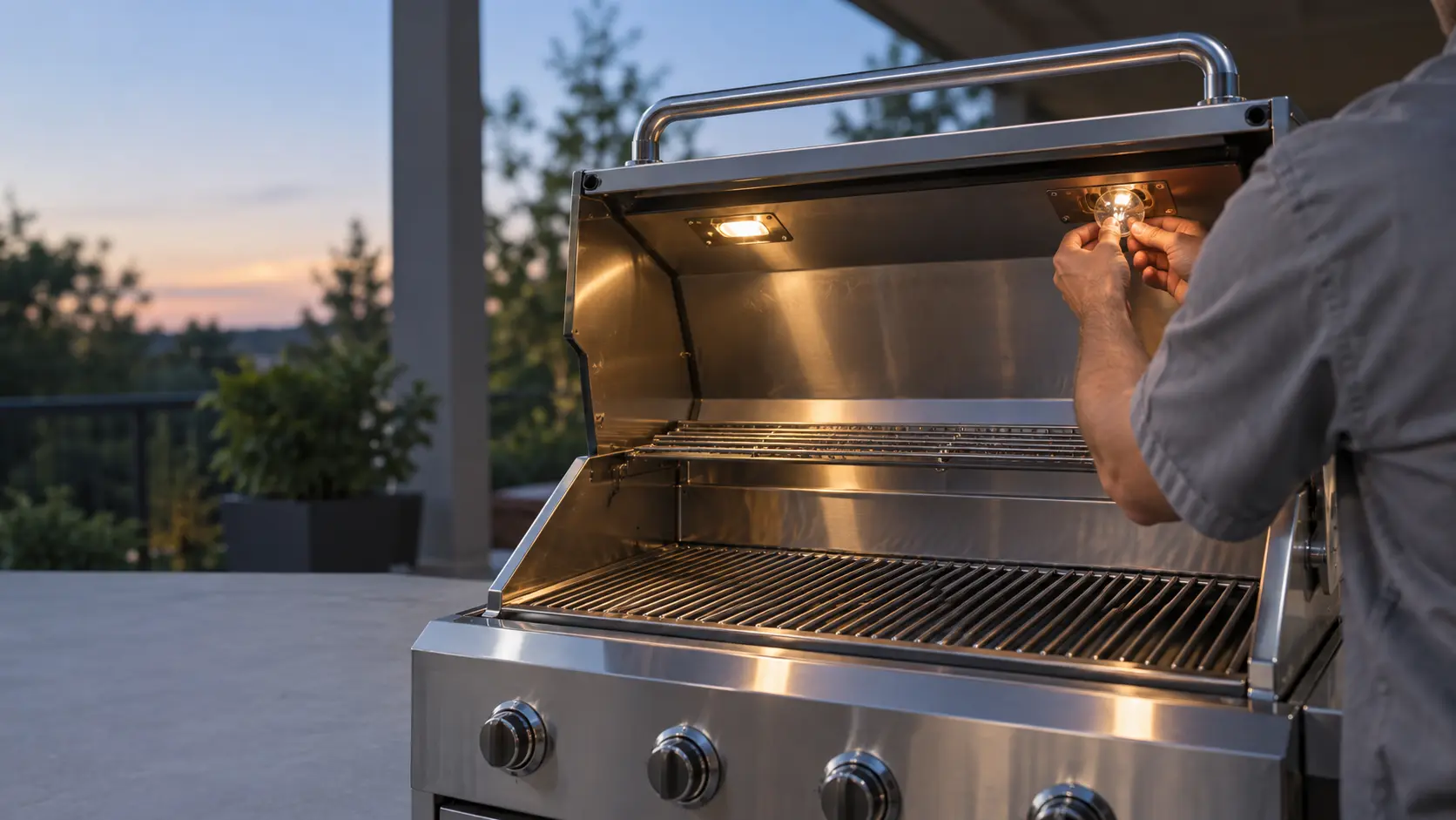 A technician in a plain gray work shirt fits a new lamp into the hood light of an open stainless built-in grill on a covered patio at dusk, soft warm light from a second hood lamp falling on clean empty grates, the grill cold with no flame, daylight fading, seasonless.