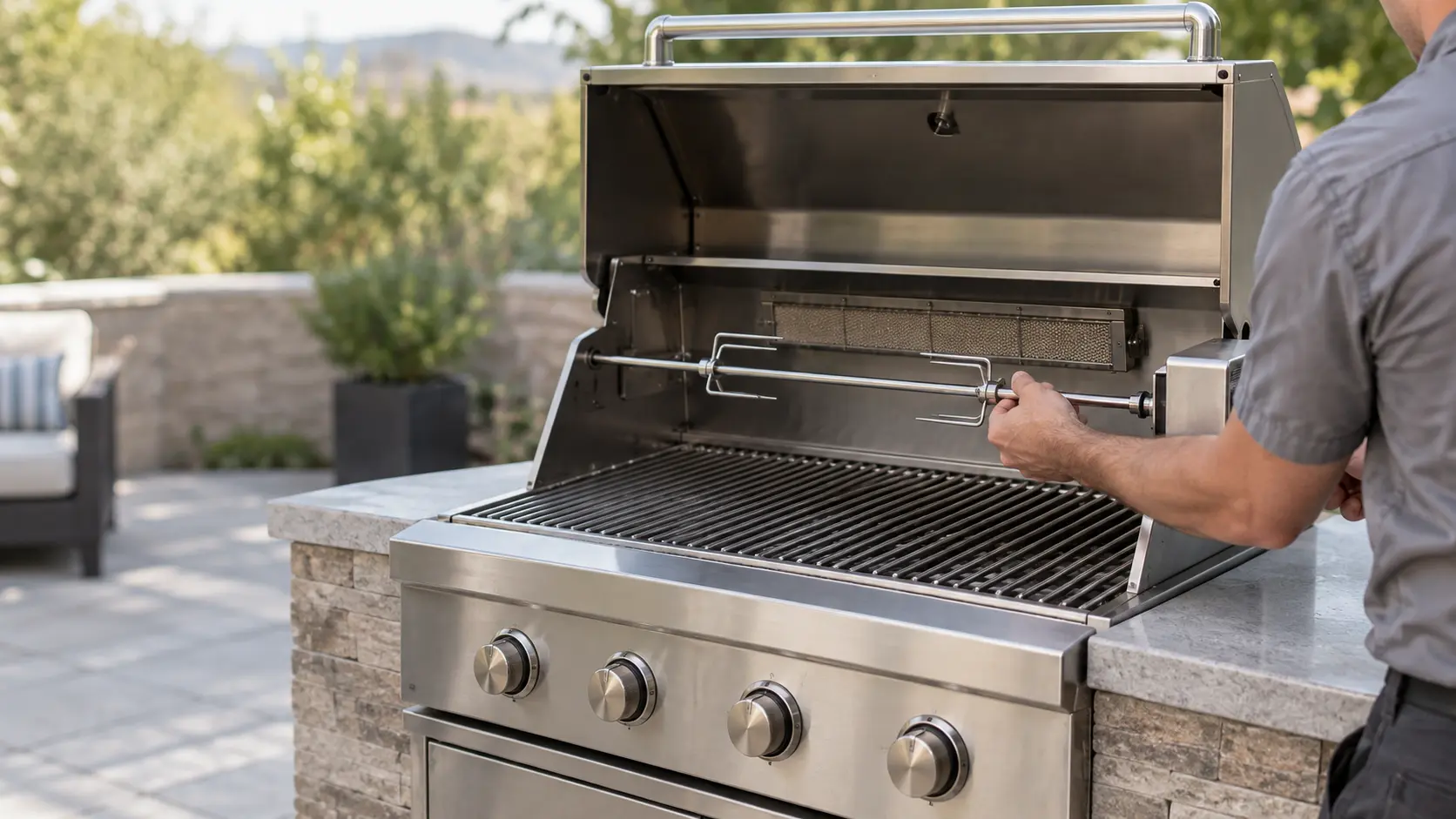A technician in a plain gray work shirt slides a stainless spit rod into a rotisserie motor fixed to the side of an open stainless built-in grill on a patio, the rear infrared burner of the grill cold and dark, the grates in place and empty, daylight, seasonless.