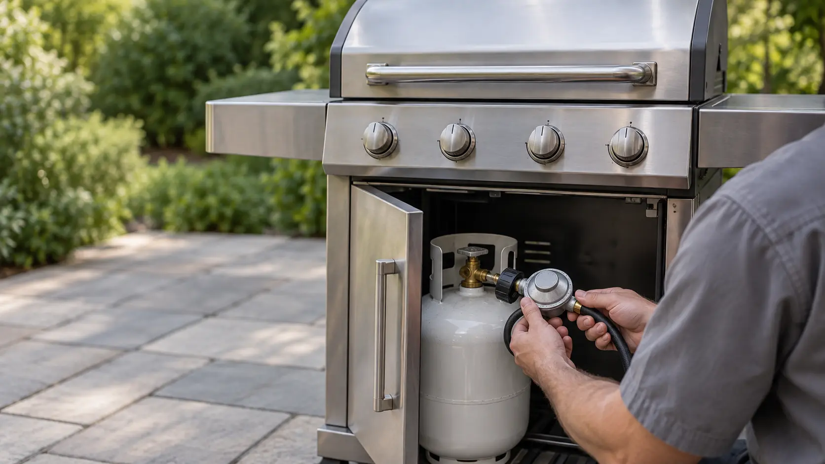 A technician in a plain gray work shirt holds a new round propane regulator with its hose beside a freestanding stainless gas grill on a patio, the grill's cabinet door open to show a propane tank with its valve closed, the grill lid shut, daylight, seasonless.