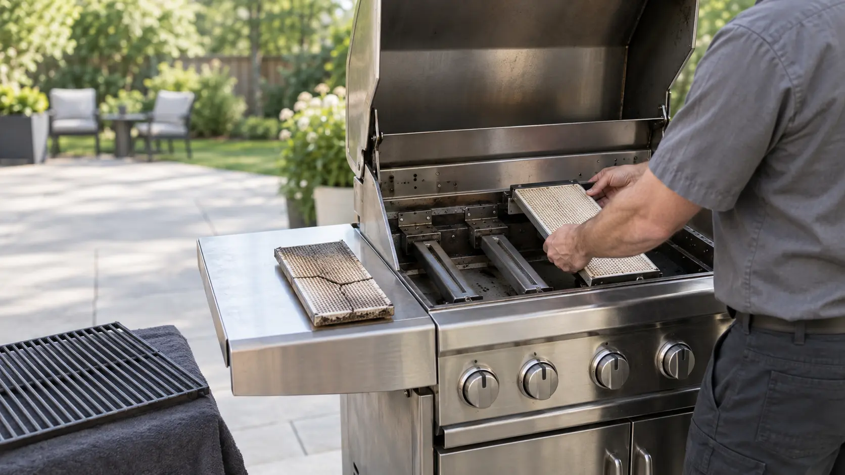 A technician in a plain gray work shirt lifts a new ceramic infrared burner into the sear zone of an open stainless grill on a patio, the cracked old tile resting on the side shelf, the grate set aside and every knob at off, daylight, seasonless.
