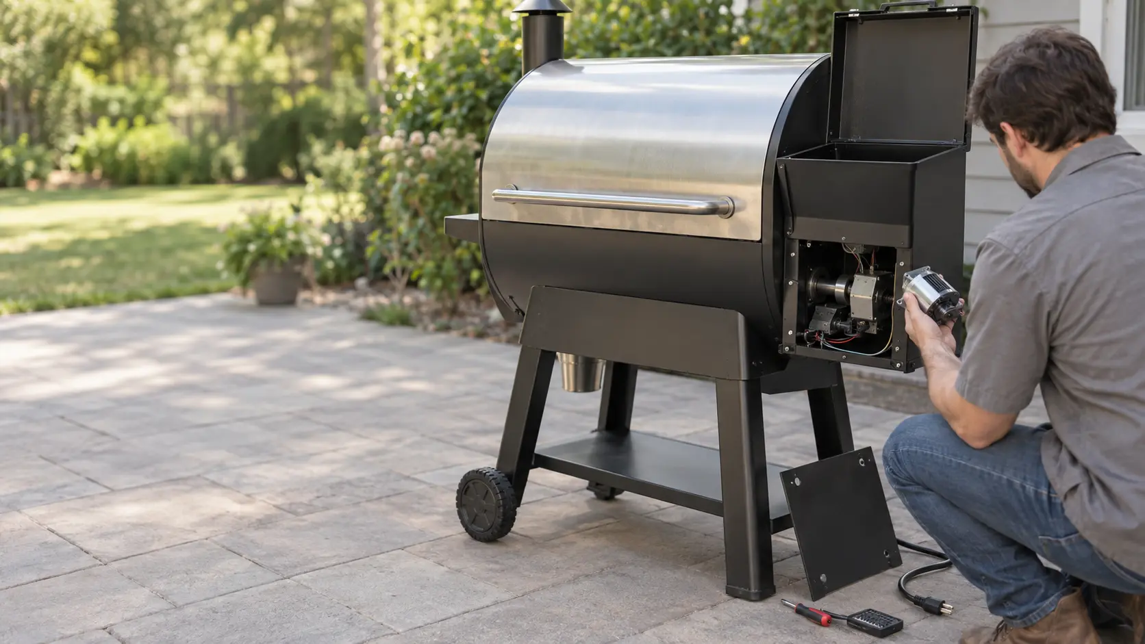 A technician in a plain gray work shirt kneels beside a stainless pellet grill on a patio, the side hopper open and empty and its front panel removed to show the auger motor, a small new motor in his hand, the grill cold and unplugged, daylight, seasonless.
